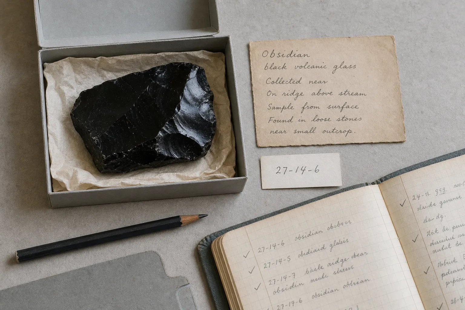 Obsidian specimen label, catalogue number, storage box, and handwritten notes arranged for evidence checking