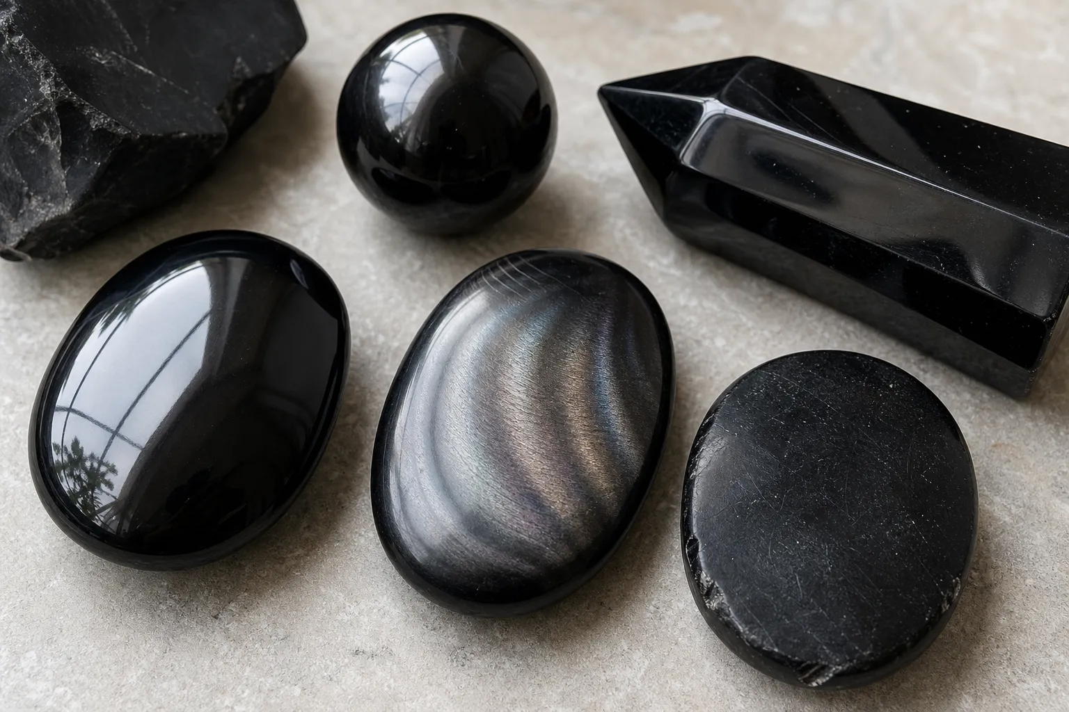 Polished obsidian pieces showing glossy and uneven surface areas under ordinary light