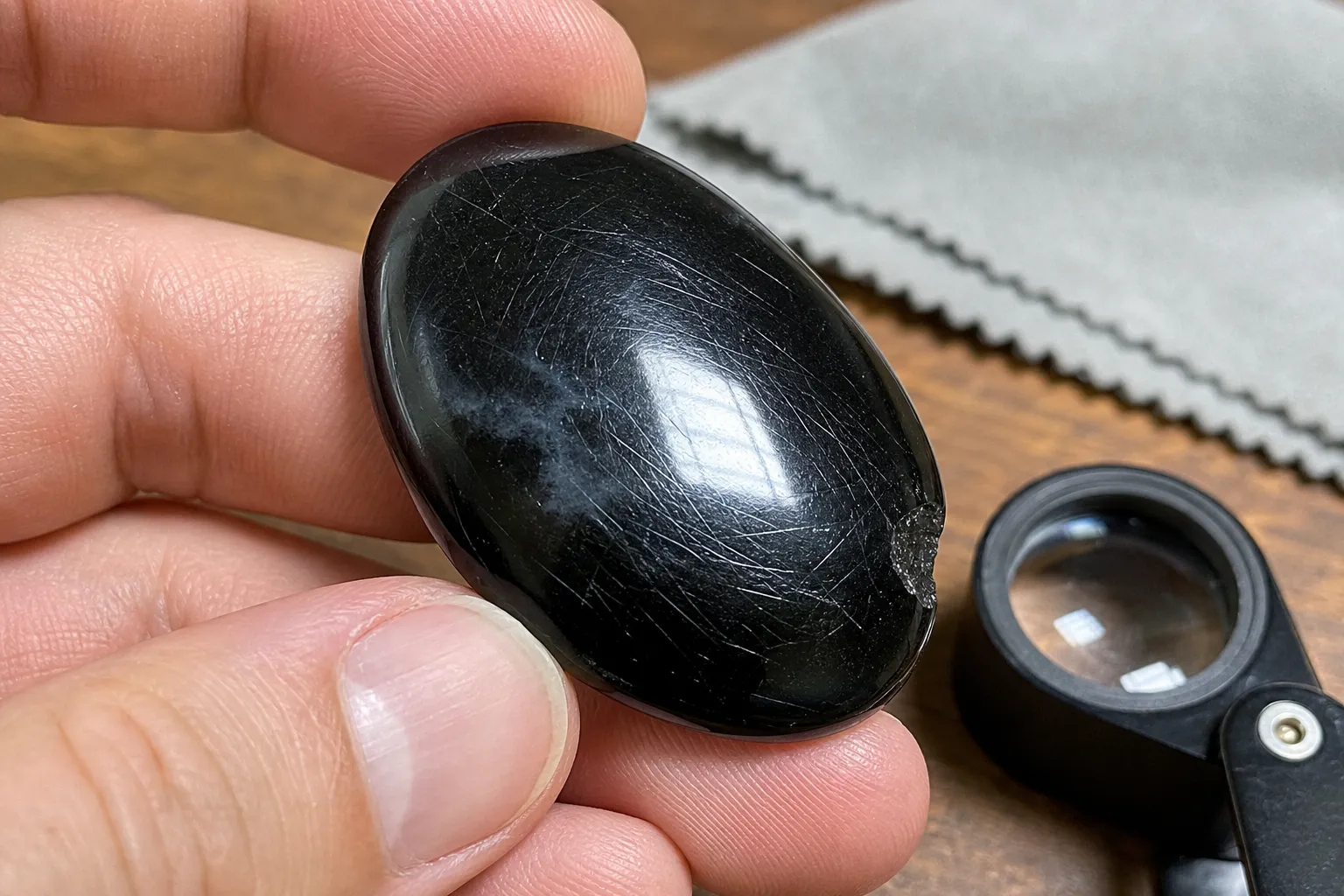 Obsidian surface inspection showing scratches, edge chips, and reflectivity changes