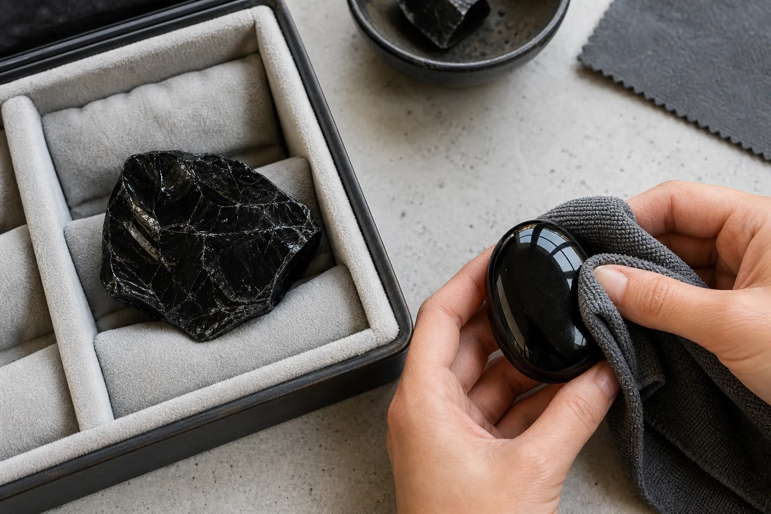 Raw and polished black obsidian stored separately with a soft cloth to protect edges and reflective surfaces