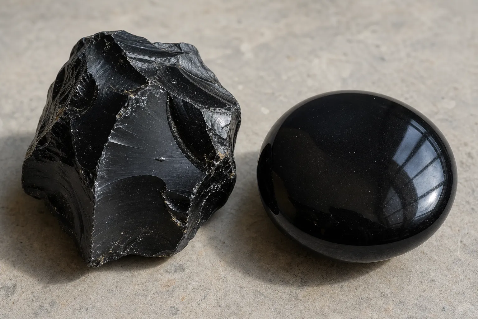 Raw black obsidian beside polished black obsidian showing uneven fracture texture and smooth reflective finish