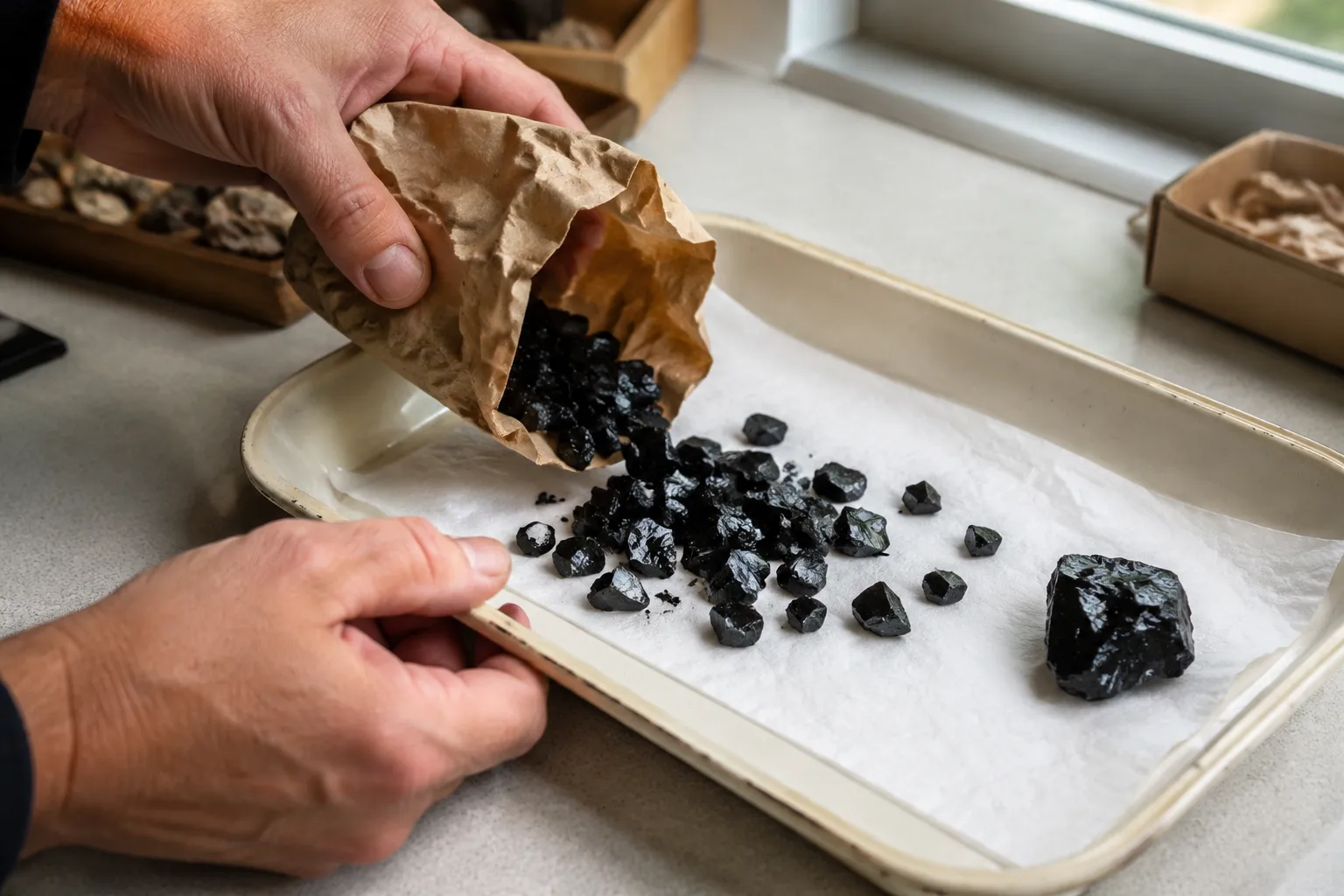 Hands using a tray to contain raw obsidian chips before handling