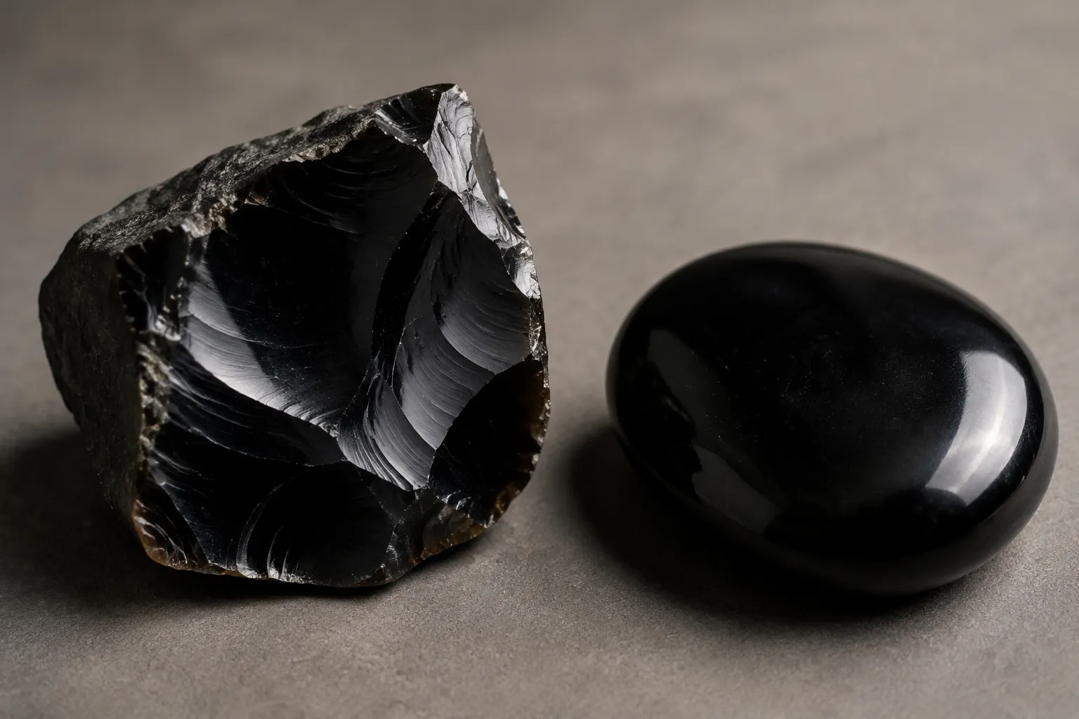 Raw obsidian with glassy fracture edges beside a smooth polished obsidian palm stone for handling comparison