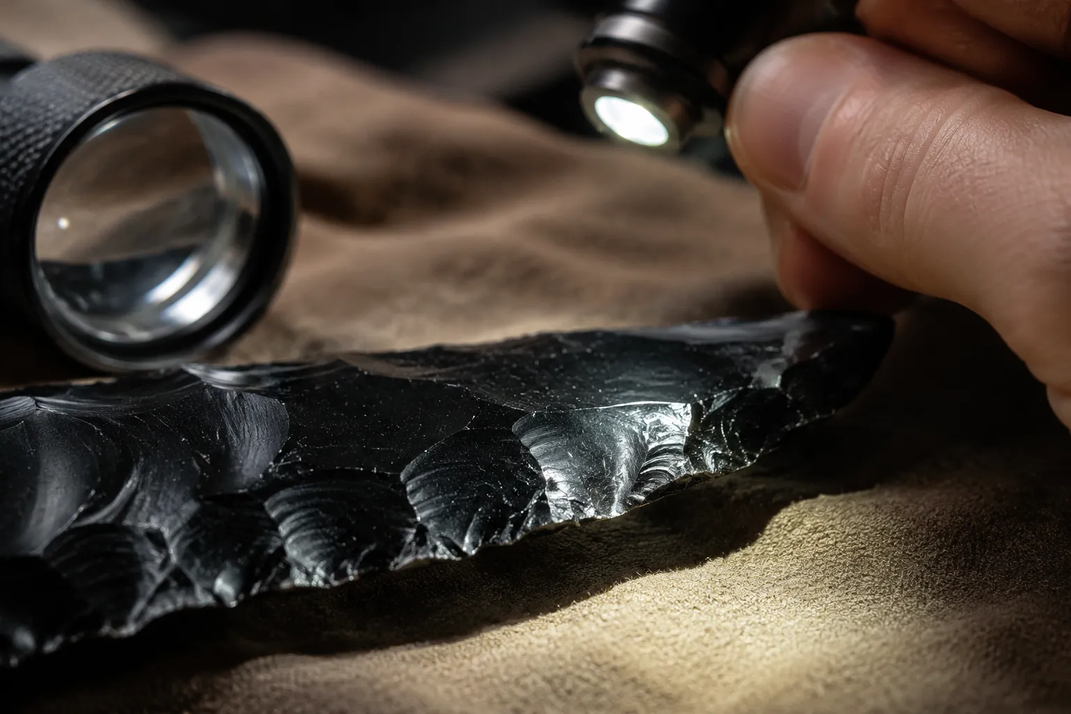 Close inspection of an obsidian edge under side light to reveal chips and fracture lines before handling
