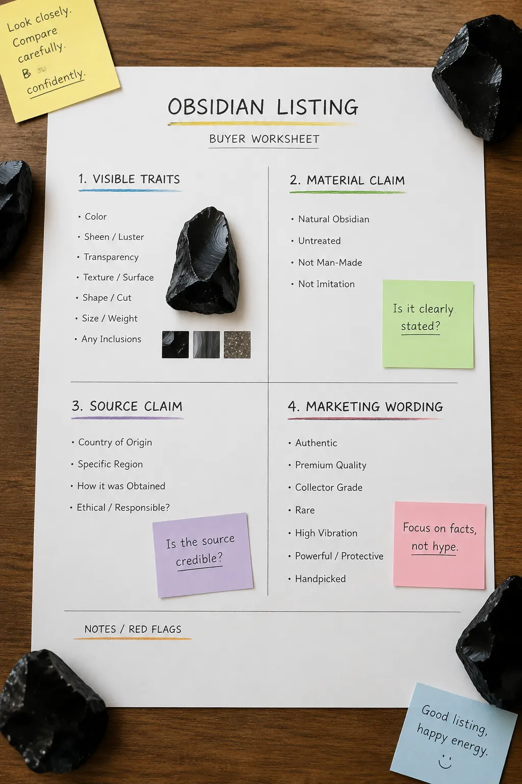 Obsidian seller label divided into visible traits, material claim, source claim, and marketing language