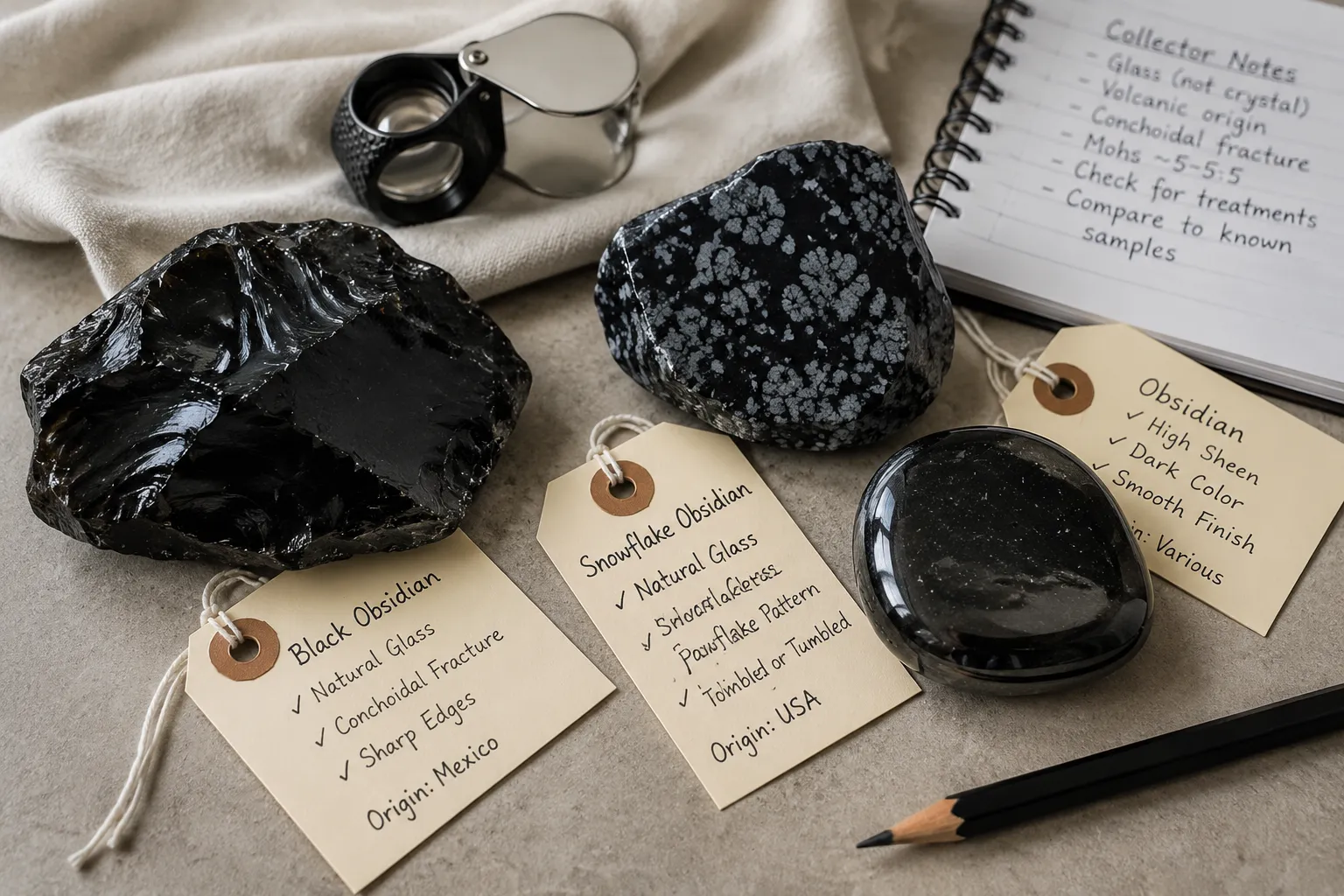 Labeled obsidian pieces arranged for checking visible traits against seller claims
