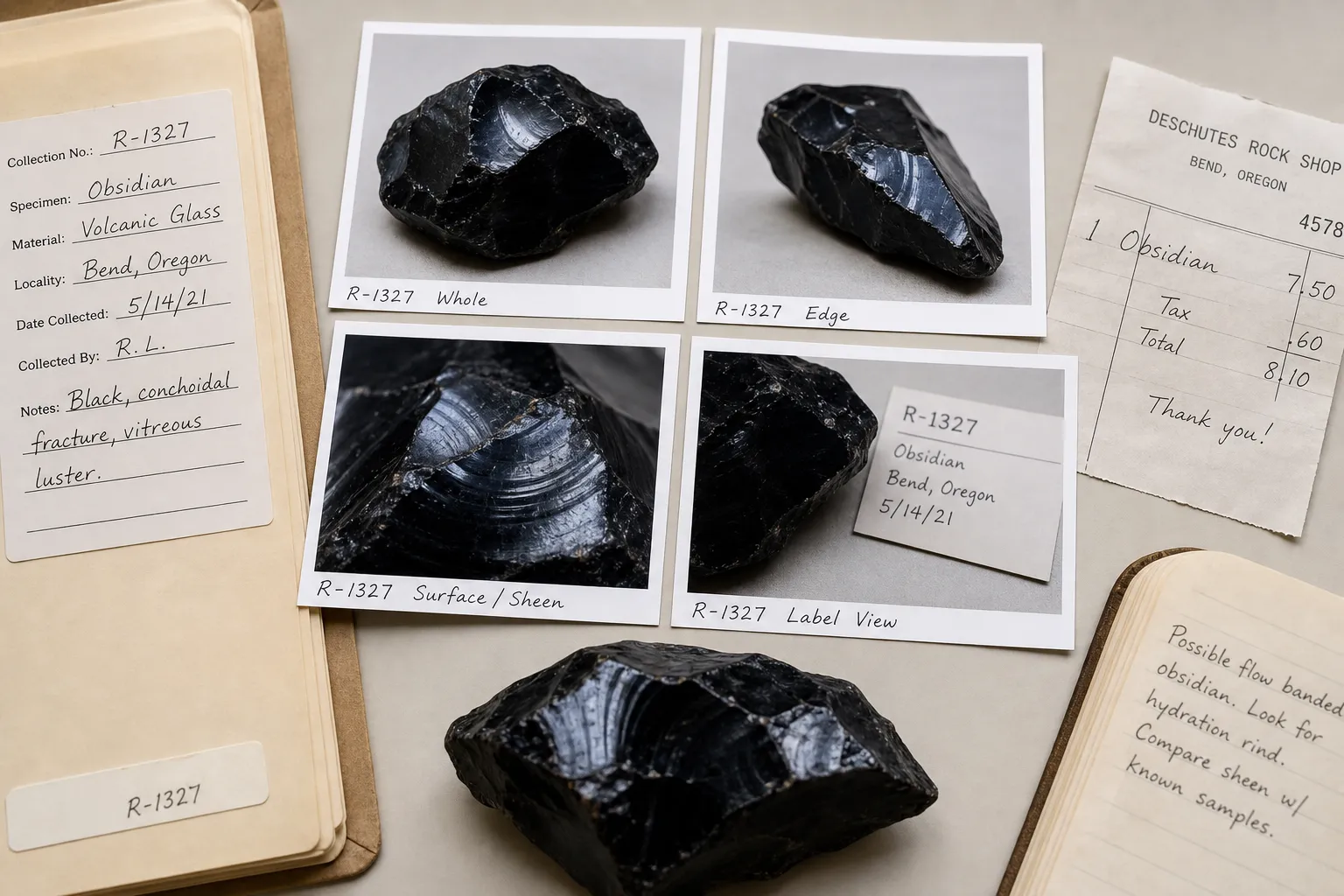 Obsidian specimen documentation photos showing the stone, label, and surface features