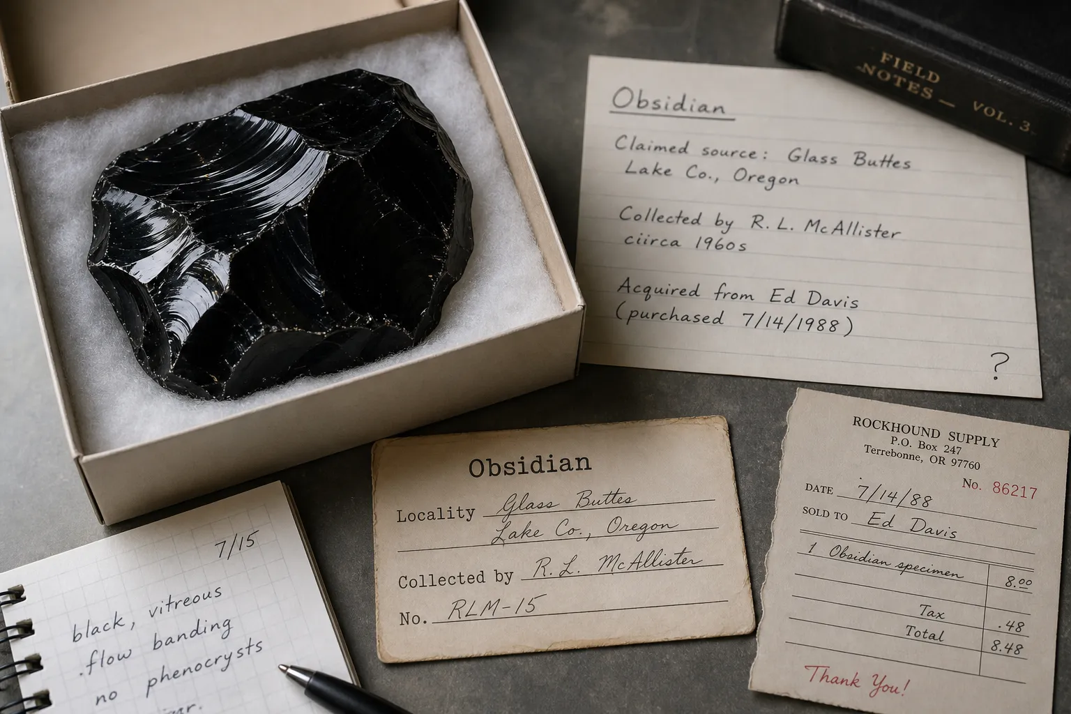 Obsidian specimen beside a source note card, label, and receipt records