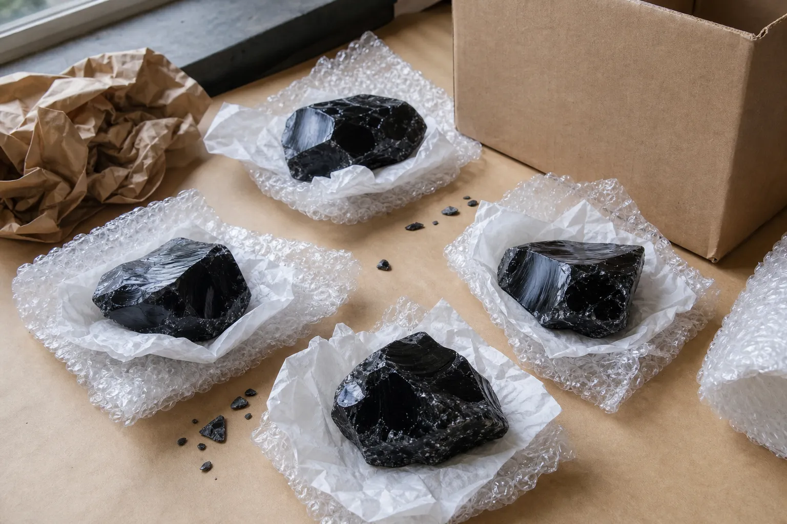 Raw obsidian pieces with sharp fracture edges separated in protective wrapping before shipping