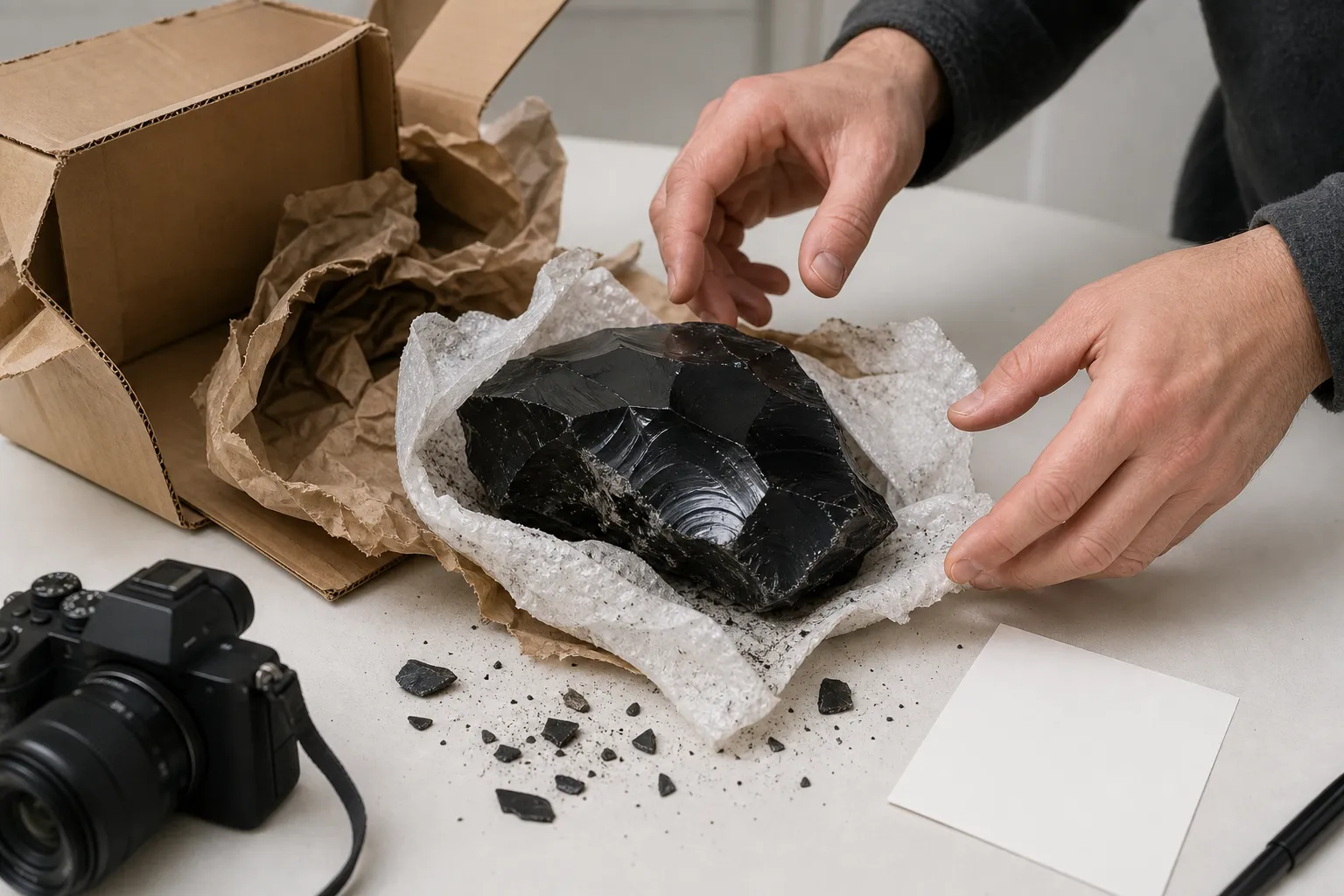 A raw obsidian parcel being opened slowly over a clear surface with small chips visible