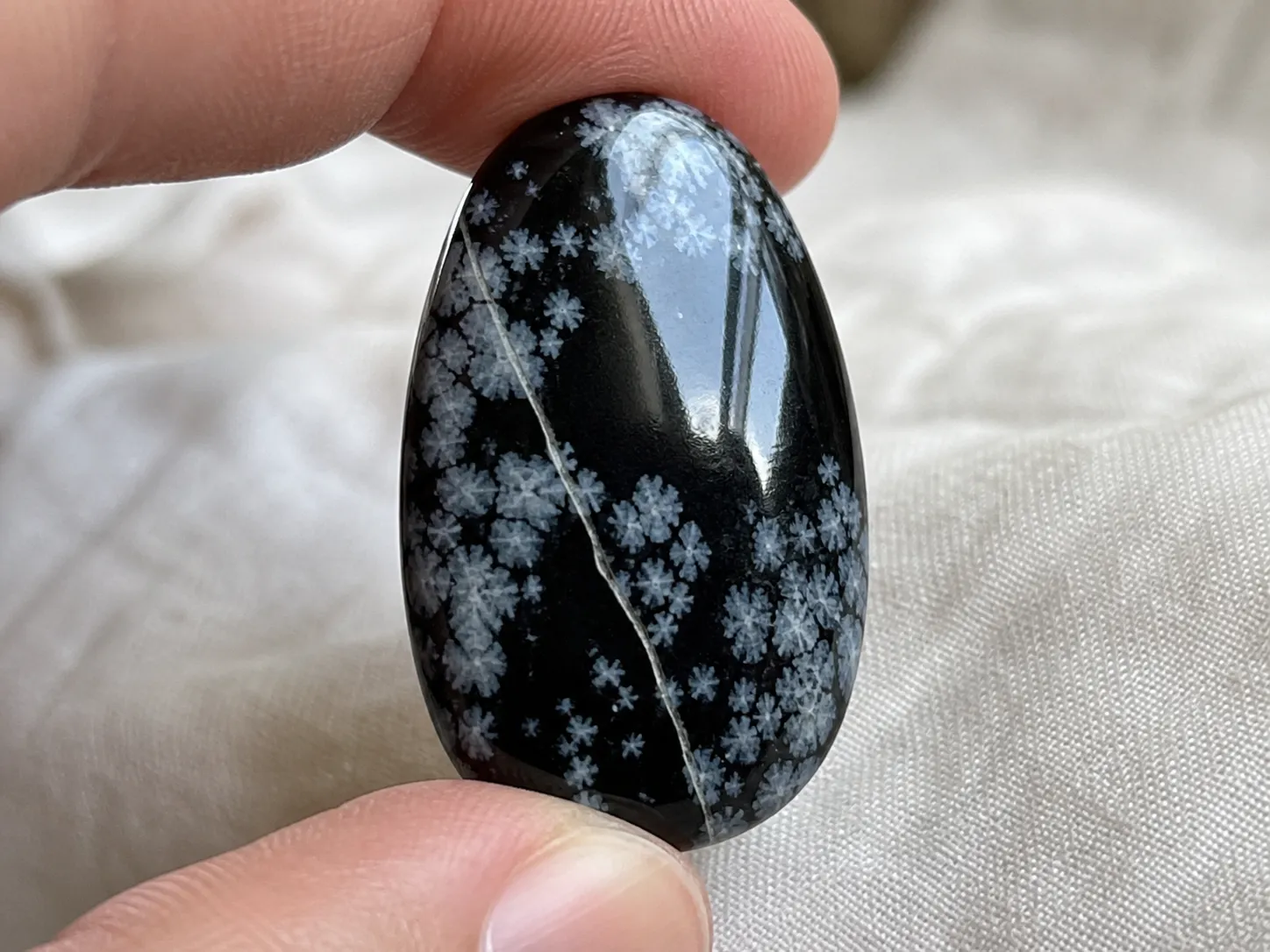 Snowflake obsidian rotated under soft light to compare a pale line with nearby cloudy patches and surface reflection