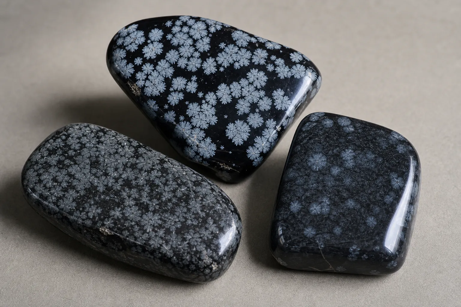 Snowflake obsidian pieces showing clear and crowded pale markings against a dark base