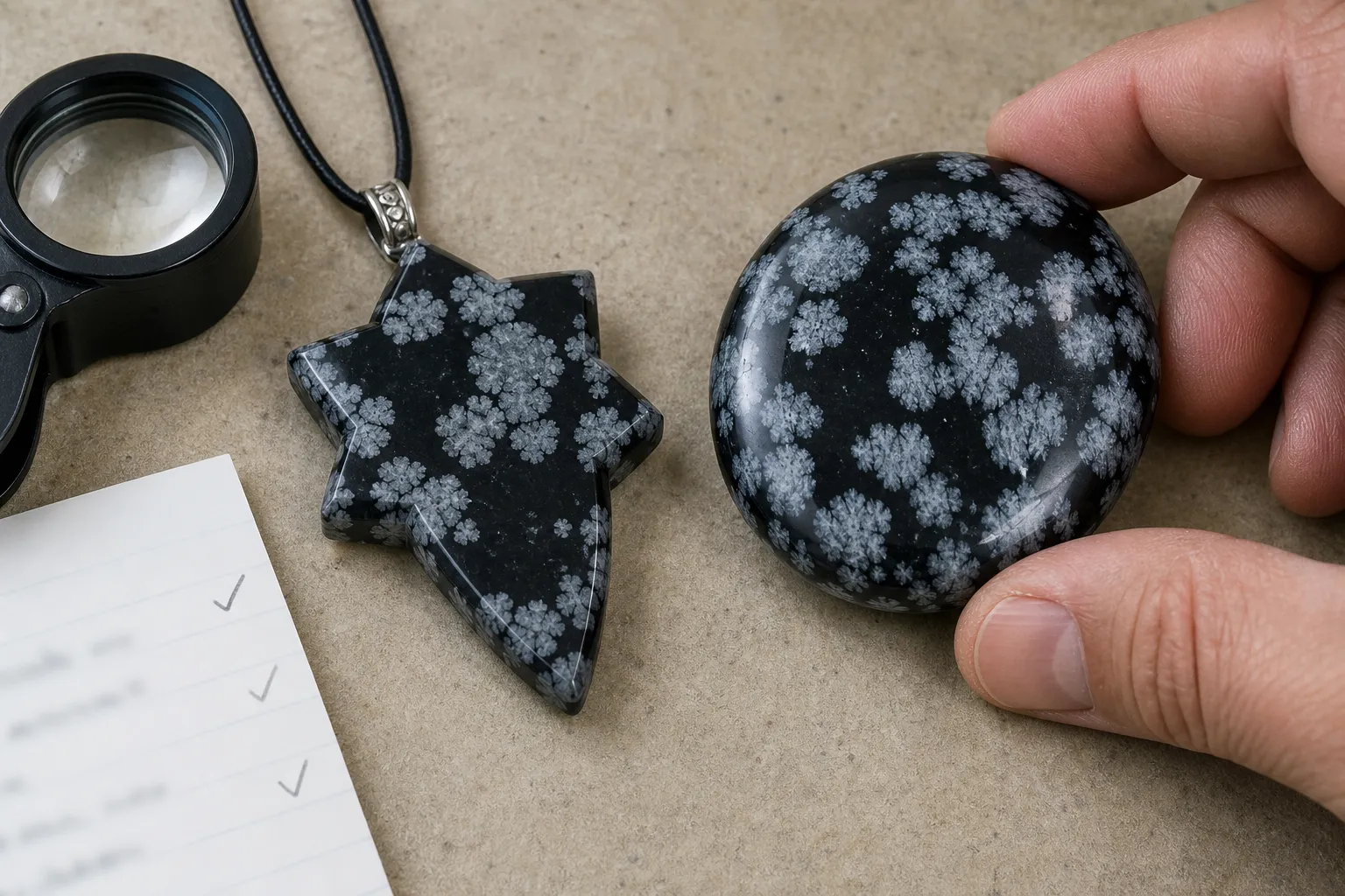 Snowflake obsidian pendant and palm stone viewed under ordinary light for pattern placement and surface condition