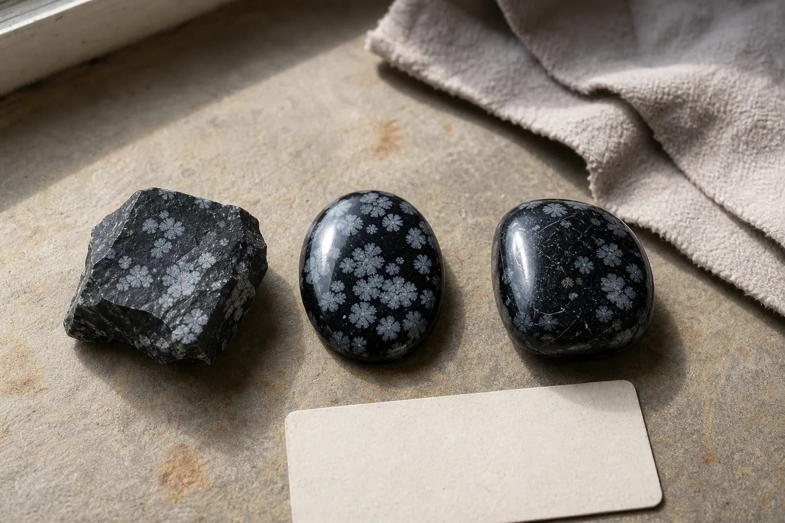 Raw and polished snowflake obsidian compared to show how finish, glare, scratches, and pale inclusions affect pattern judgment