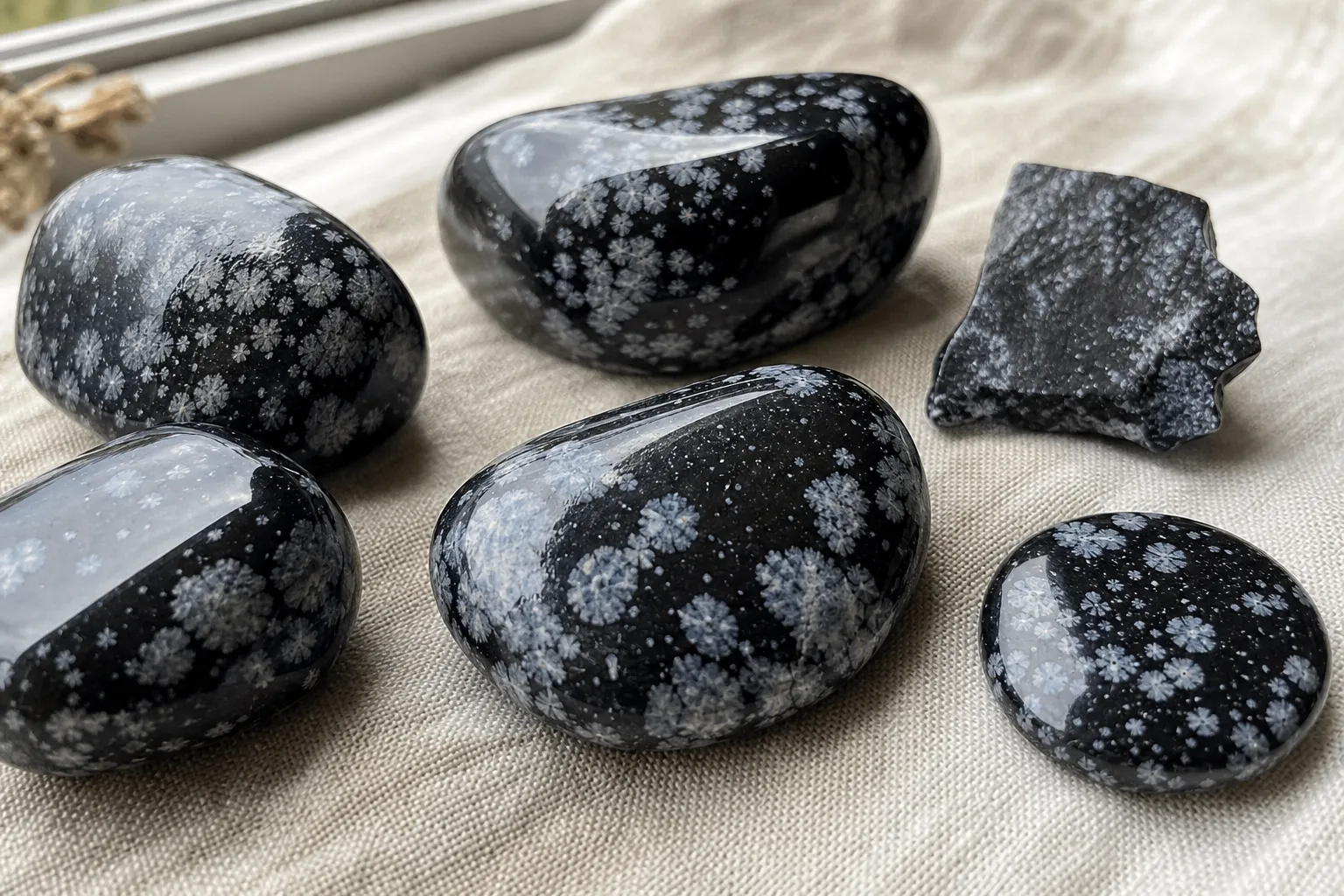 Snowflake obsidian pieces showing pale embedded spots, blooms, and cloudy patches in a dark glassy base