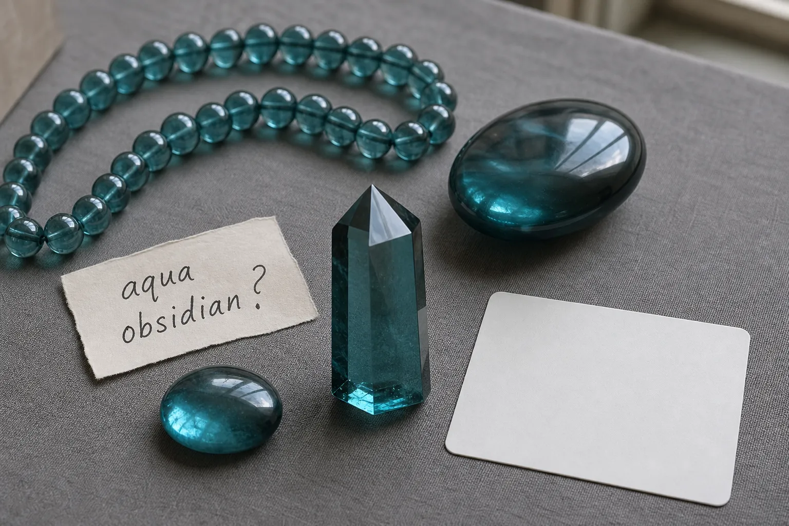 Blue-green polished glassy pieces labeled as aqua obsidian beside a cautious collector note