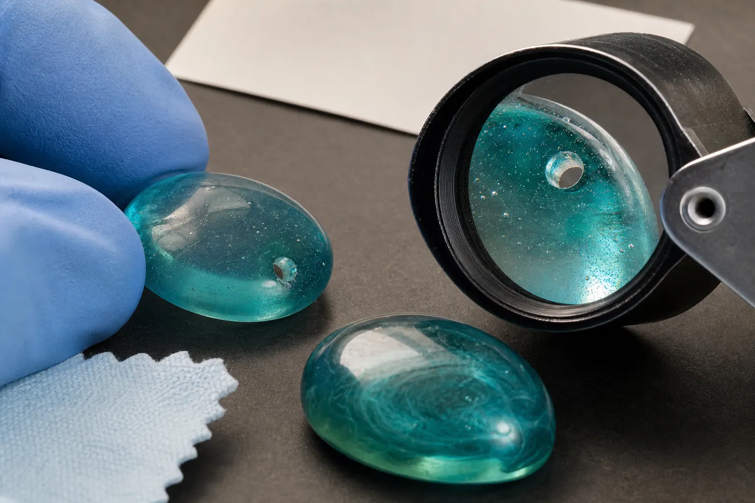 Close inspection of a blue-green polished glassy stone showing surface color, drilled areas, and edge clues