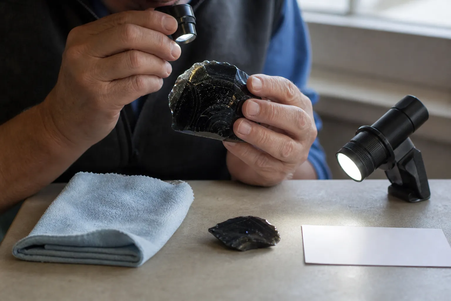 Collector inspecting a polished obsidian piece for bubbles, flow bands, and surface specks