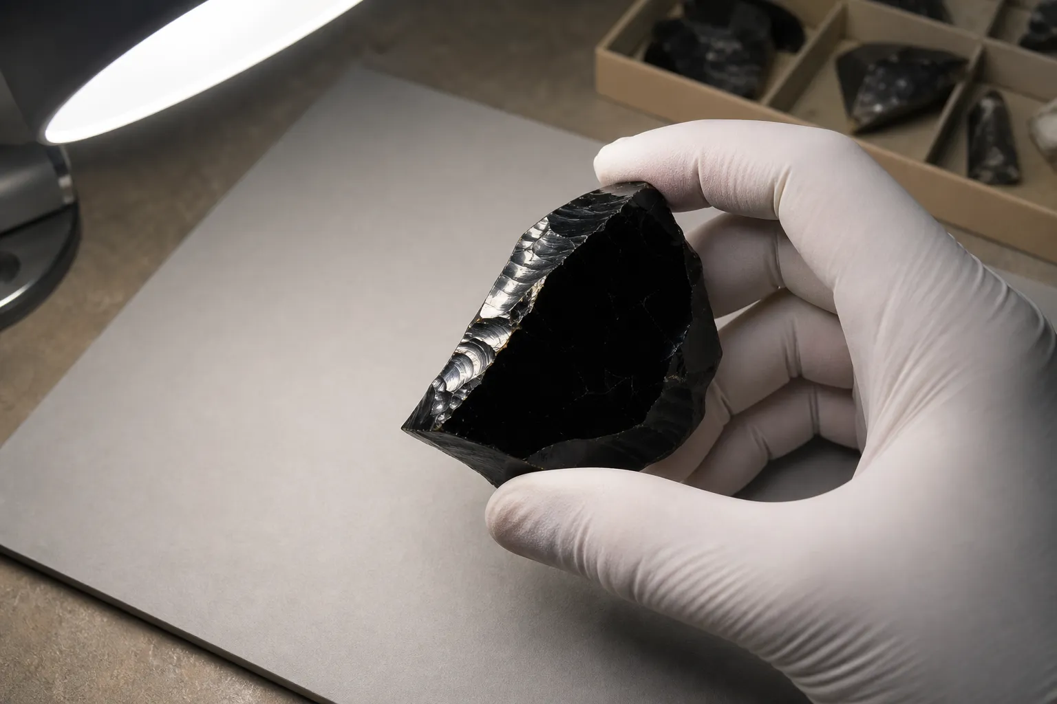Obsidian specimen being rotated under neutral light to check whether color stays stable or appears as sheen
