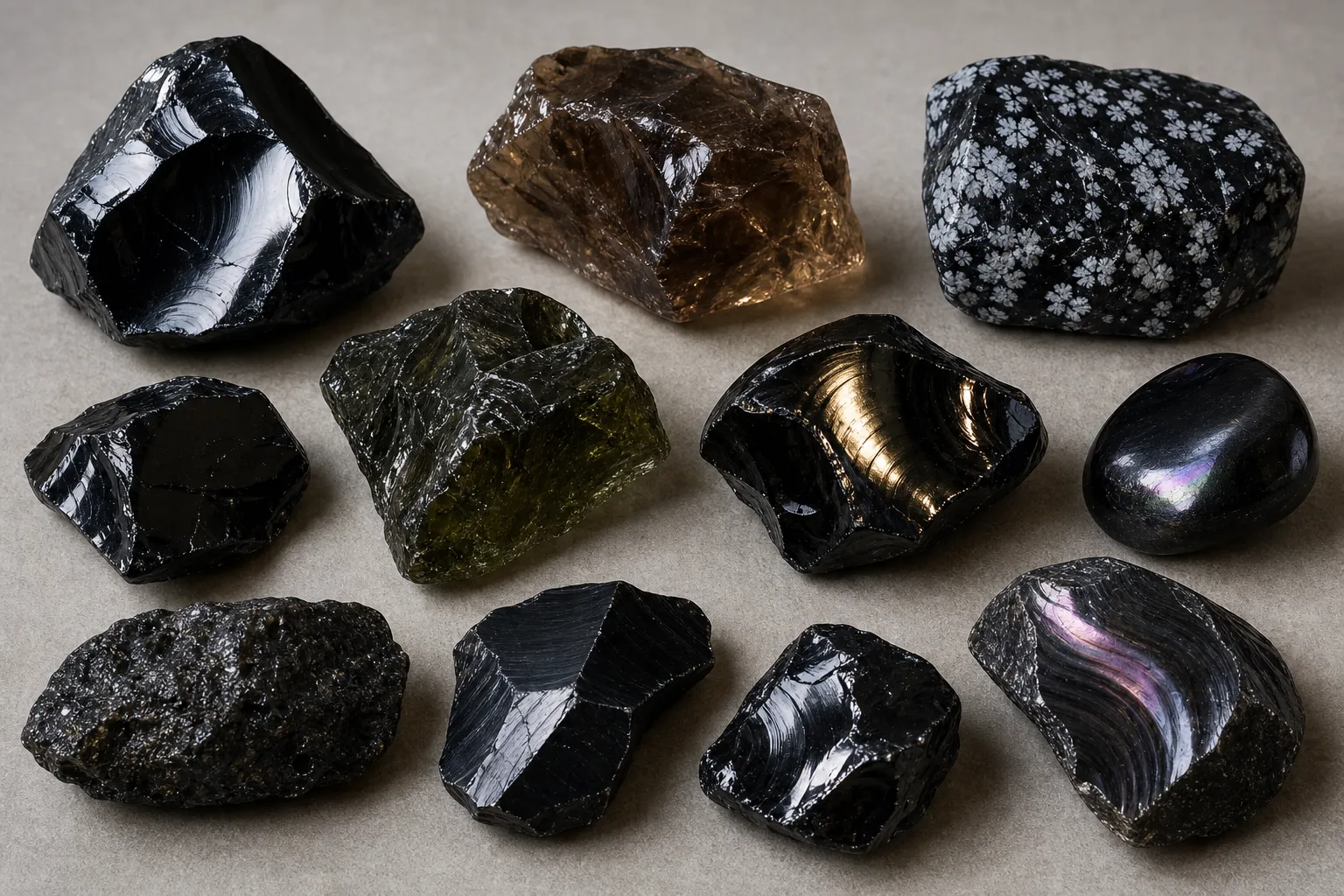 Assorted obsidian pieces showing dark body color, brown and green tones, snowflake pattern, and reflective sheen