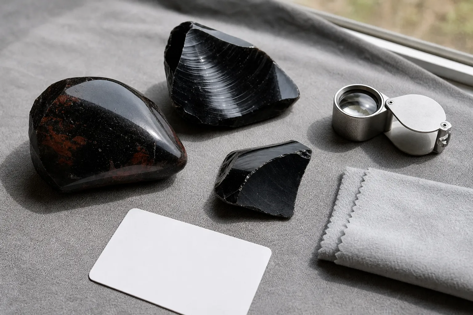 Obsidian pieces checked under neutral light to compare red brown patches, surface lines, and polished finish