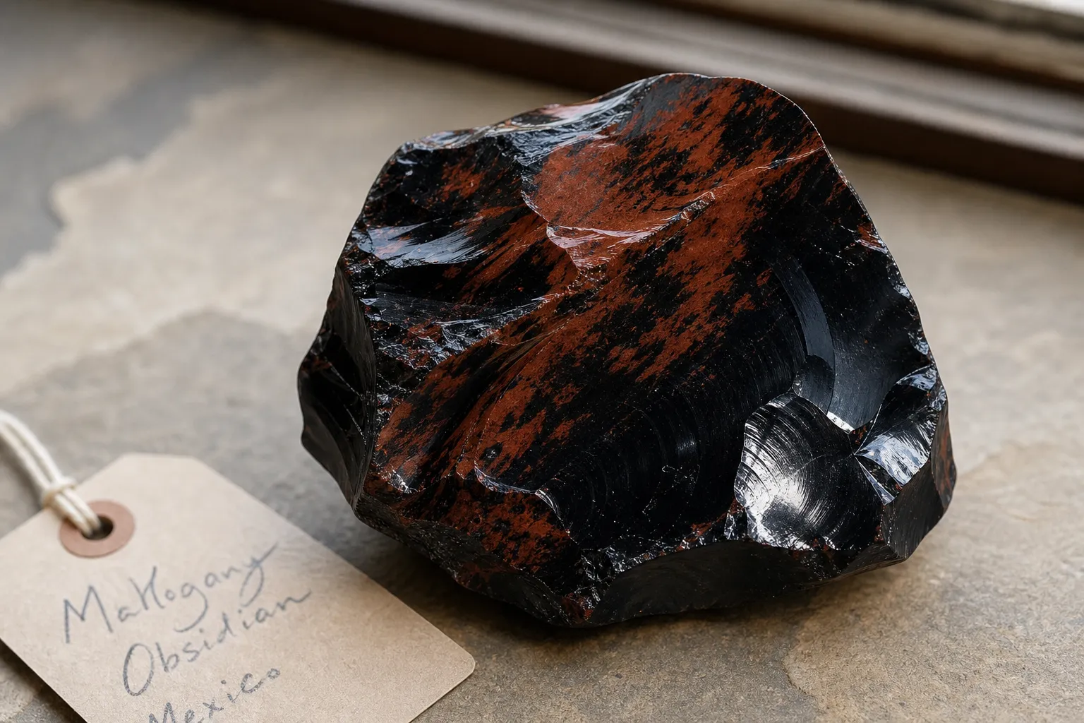 Black obsidian with red brown mahogany-like streaks shown beside a small descriptive label