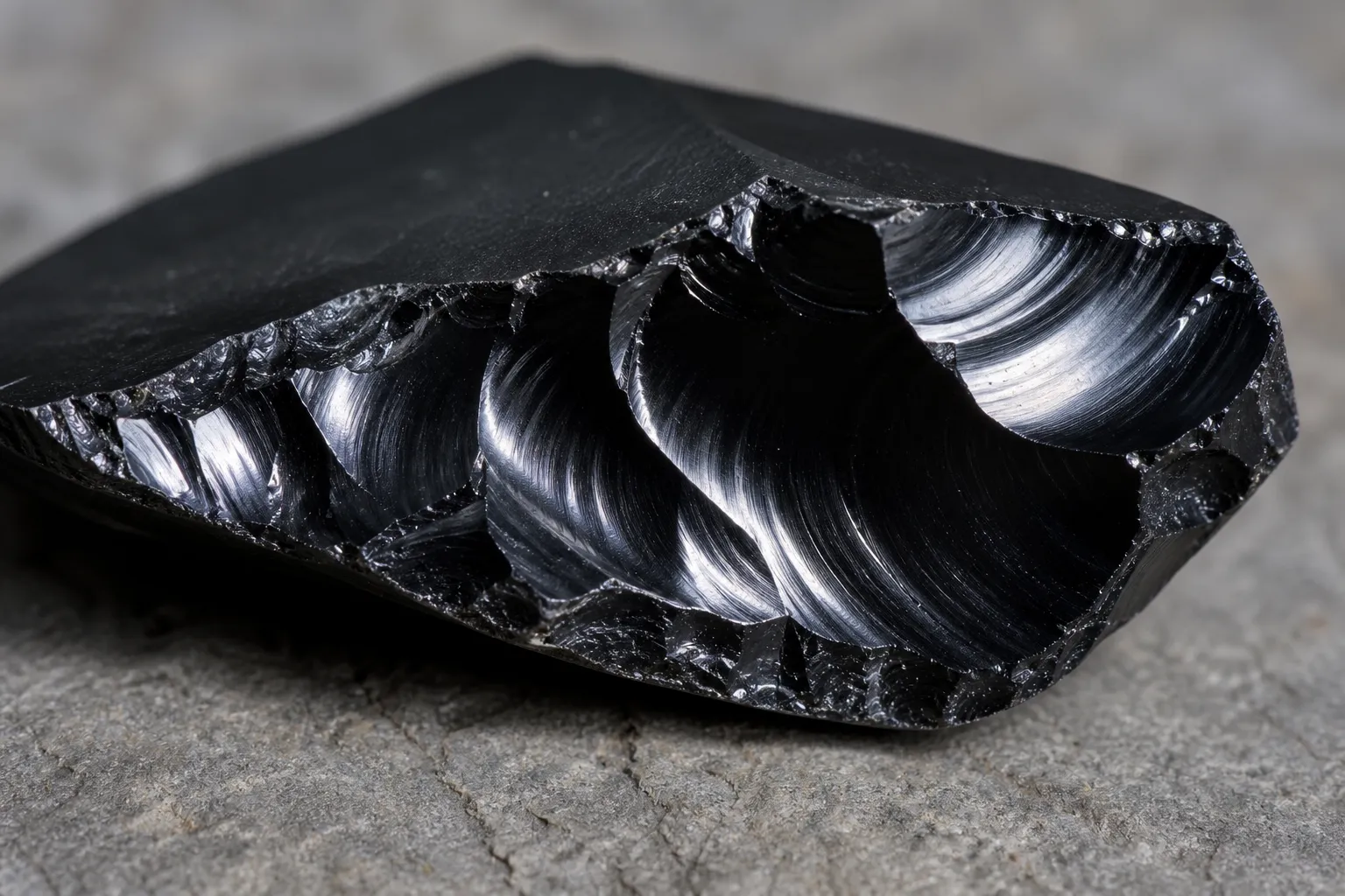 Fresh obsidian chip with curved shell-like fracture marks and a glassy broken edge