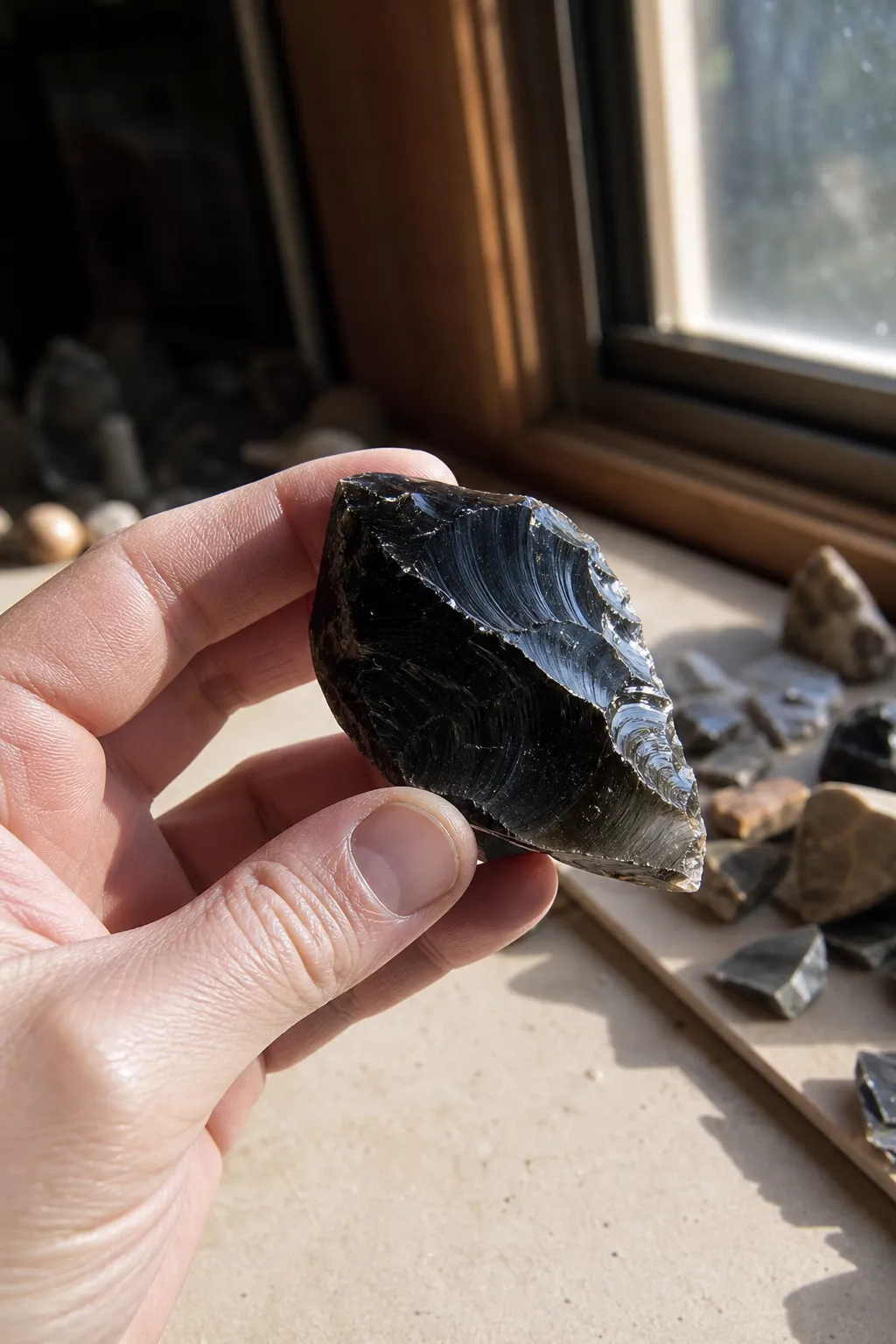Broken obsidian piece held away from the sharp fractured edge for careful visual inspection