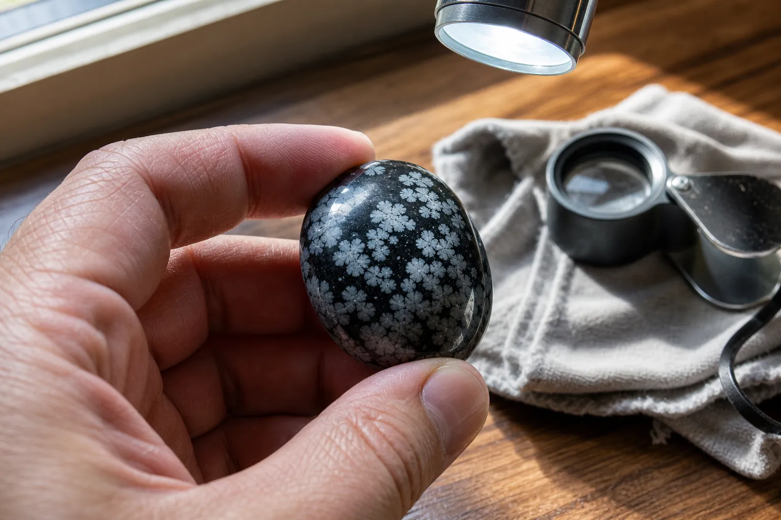 Polished snowflake obsidian inspected under steady light for embedded pale markings and surface wear