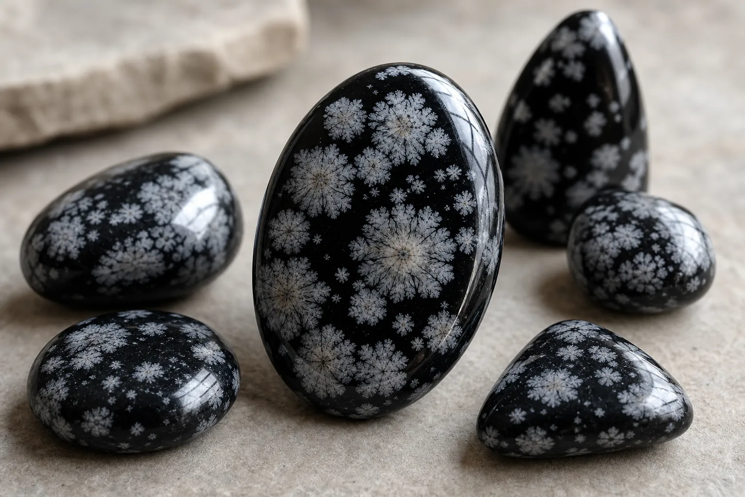 Snowflake obsidian showing a dark glassy base with pale snowflake-like markings
