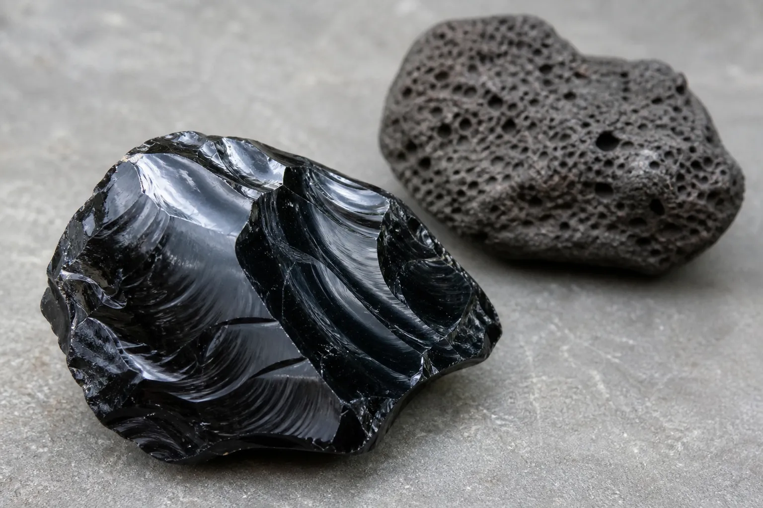 Glassy obsidian specimen showing curved conchoidal fracture and dense texture rather than porous basaltic lava rock