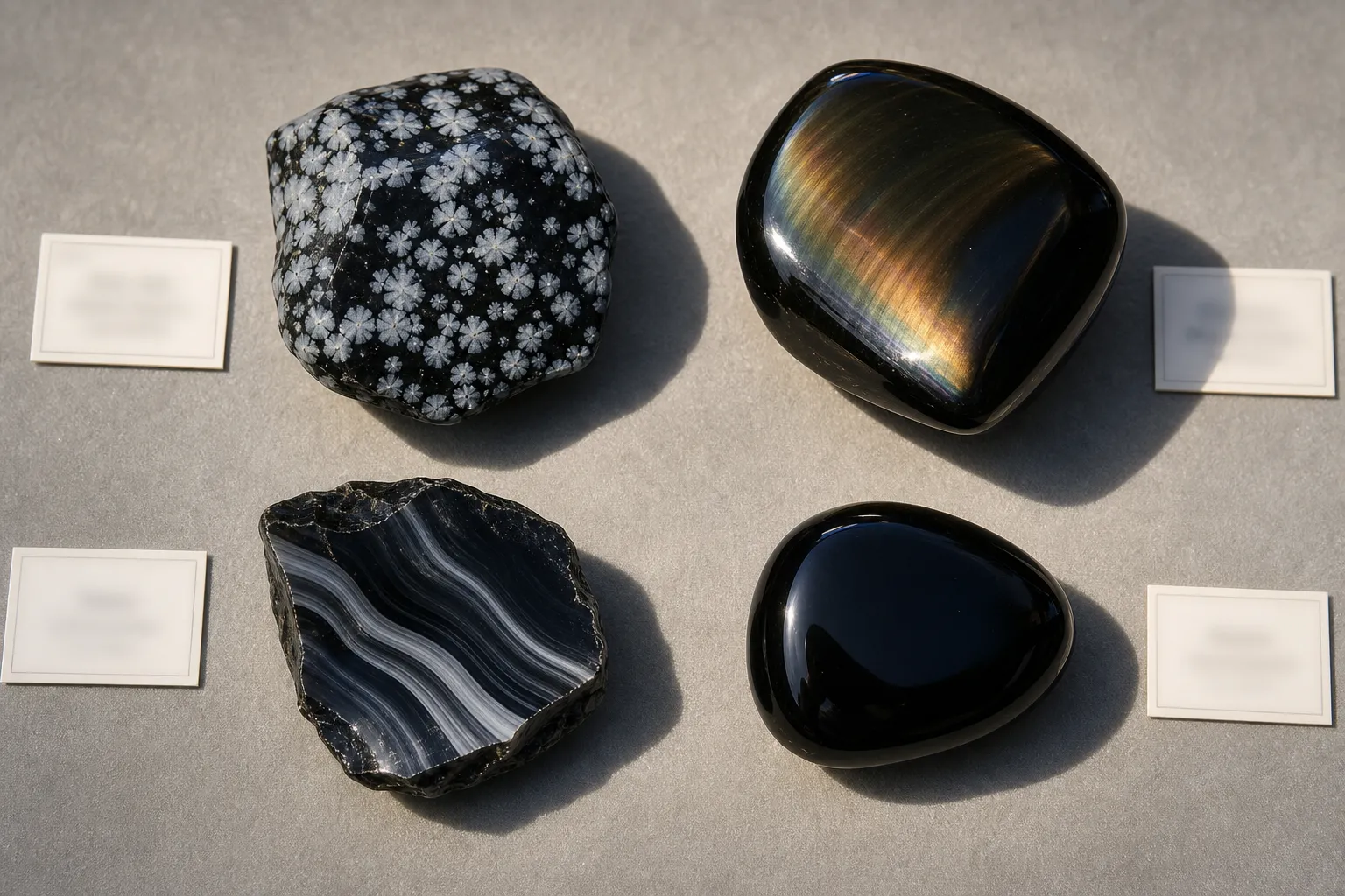 Different obsidian pieces showing snowflake spots, sheen, bands, and dark polished surfaces