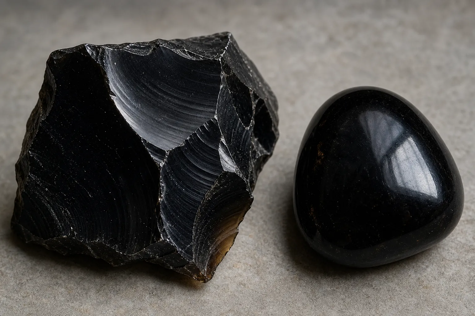 Raw and polished obsidian showing dark glassy surfaces and sharp curved fracture edges