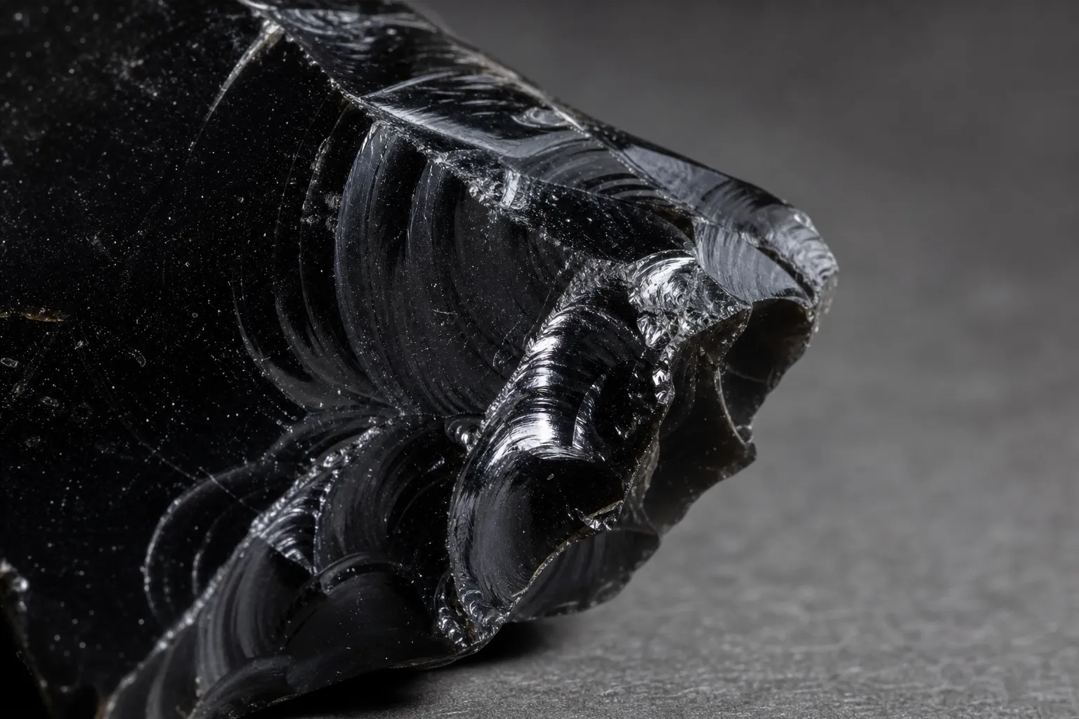 Obsidian chip with curved glossy conchoidal fracture surfaces