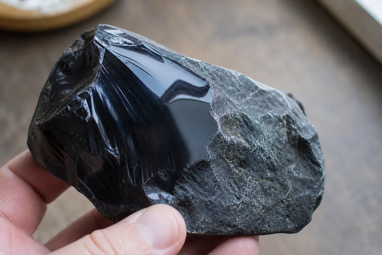 Polished obsidian showing crisp glassy highlights beside a rougher dull area