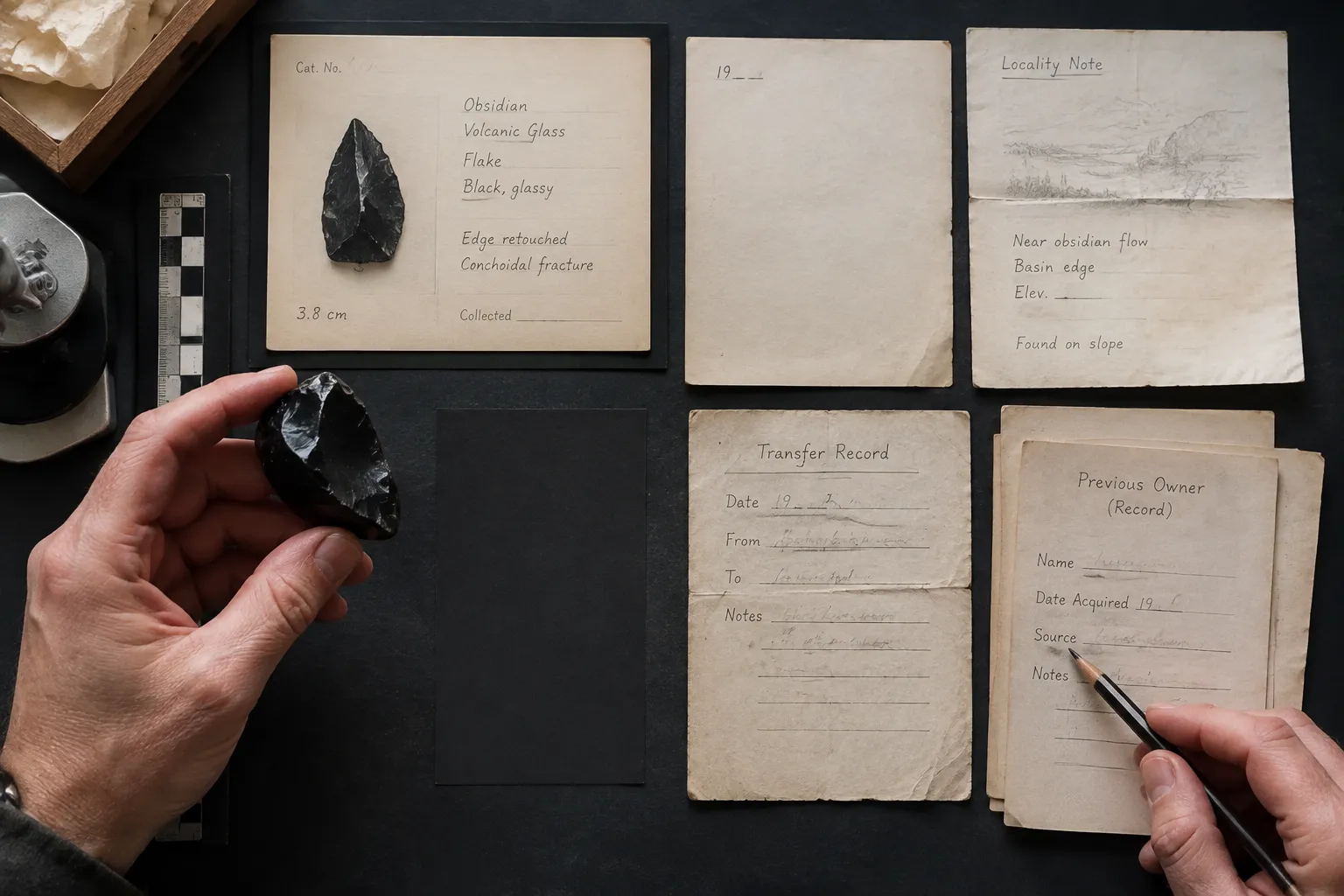 Obsidian specimen with a matching label, catalog number, invoice, and ownership notes