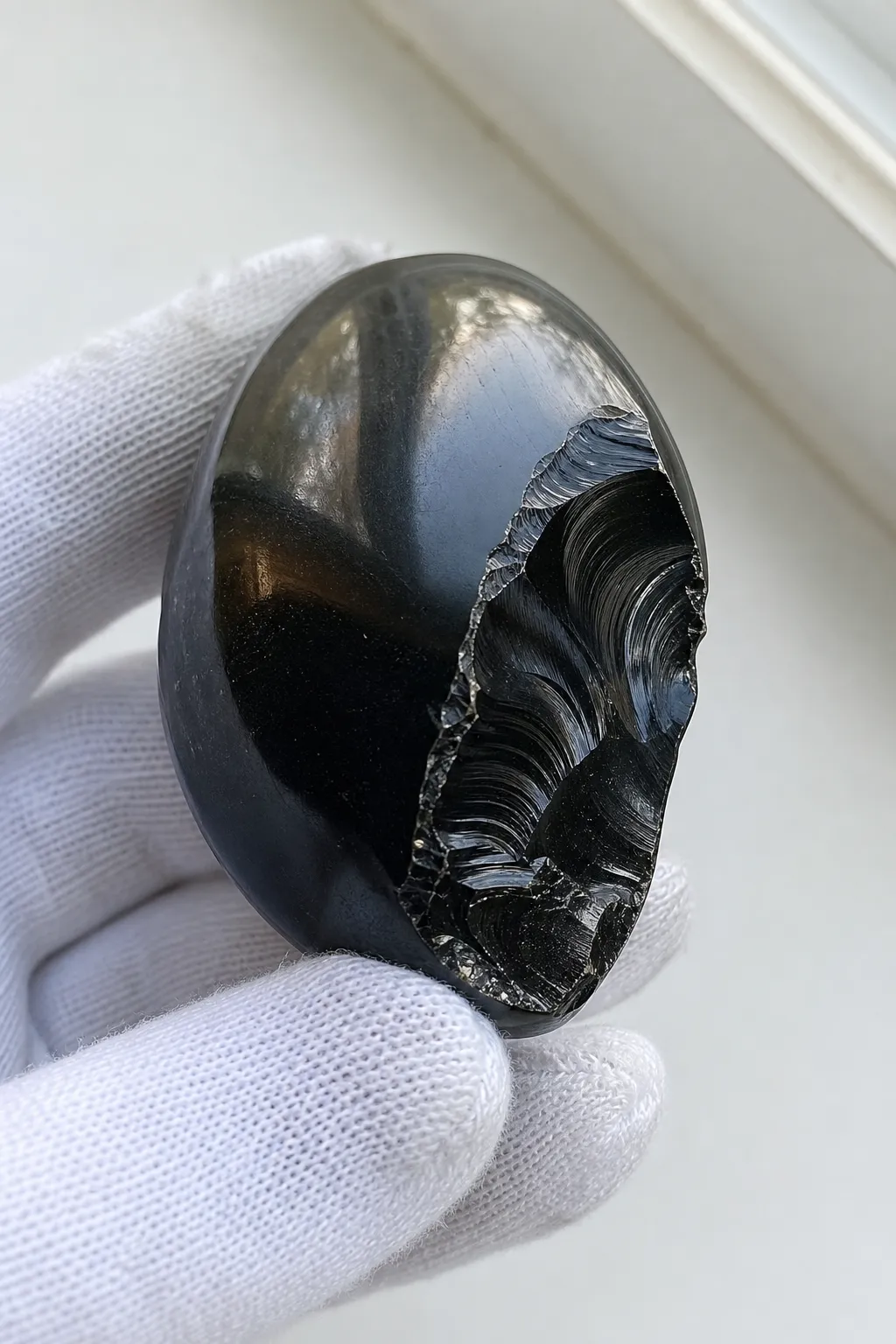 Obsidian specimen with a polished exterior and a chipped edge exposing a rippled glassy break