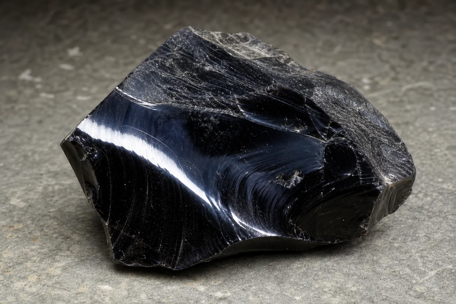Glassy obsidian specimen showing smooth dark luster and fractured volcanic glass texture