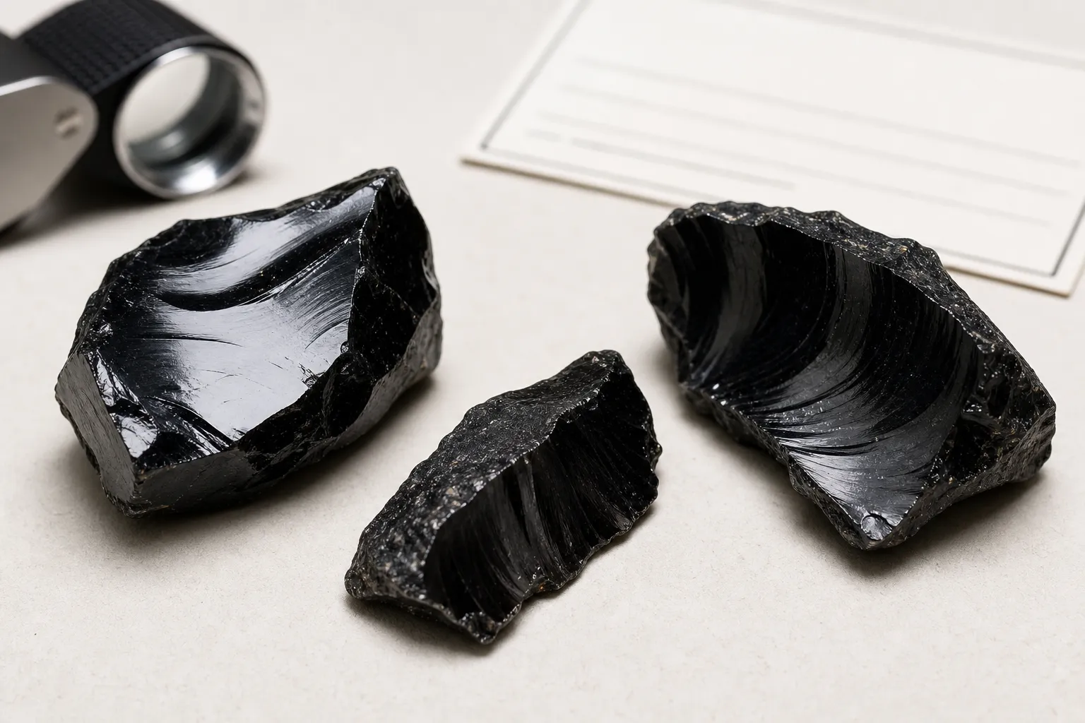 Obsidian pieces showing glassy luster, sharp broken edges, and few visible mineral grains