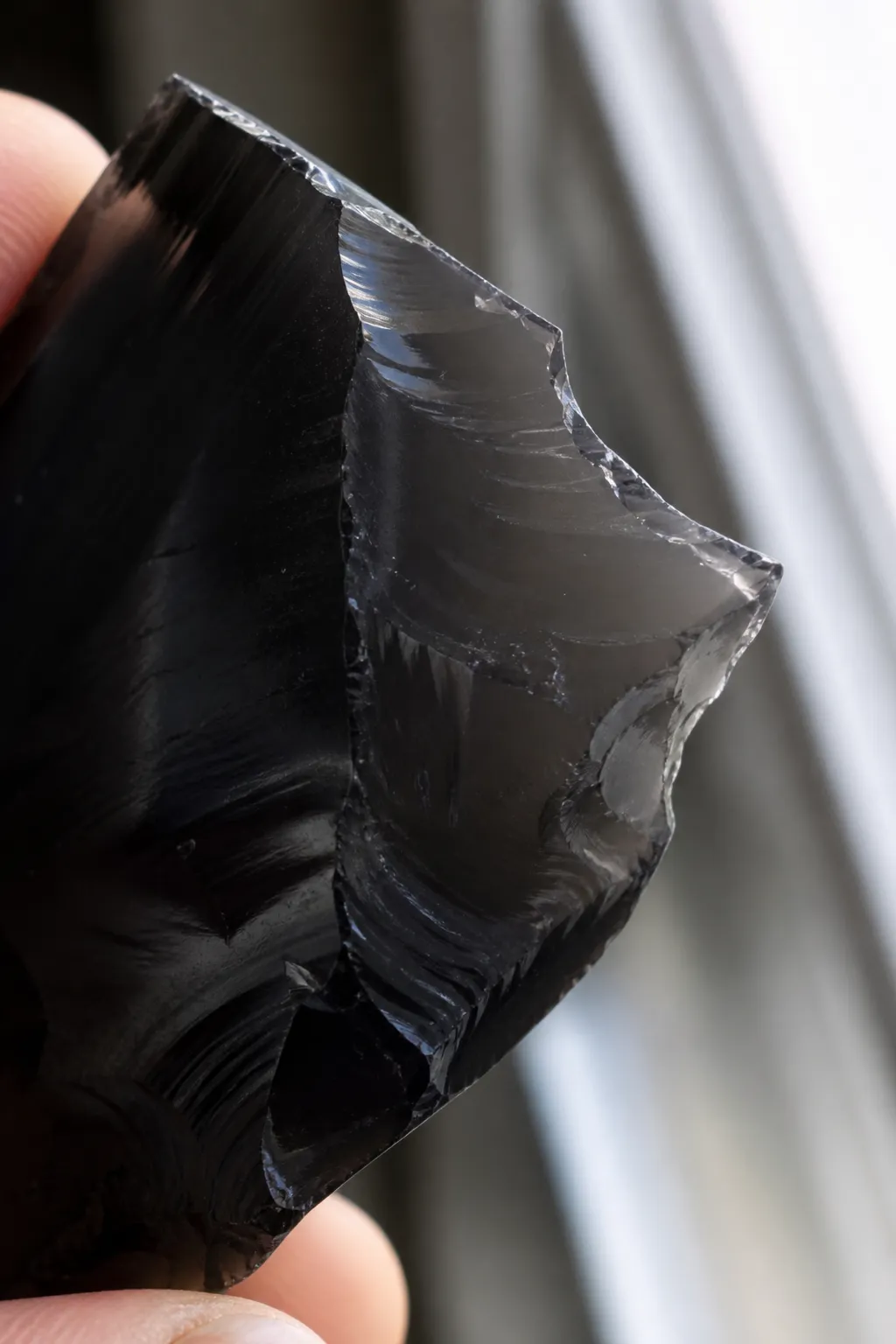 Obsidian specimen with smooth glassy surface, thin edge translucency, and curved fracture cues