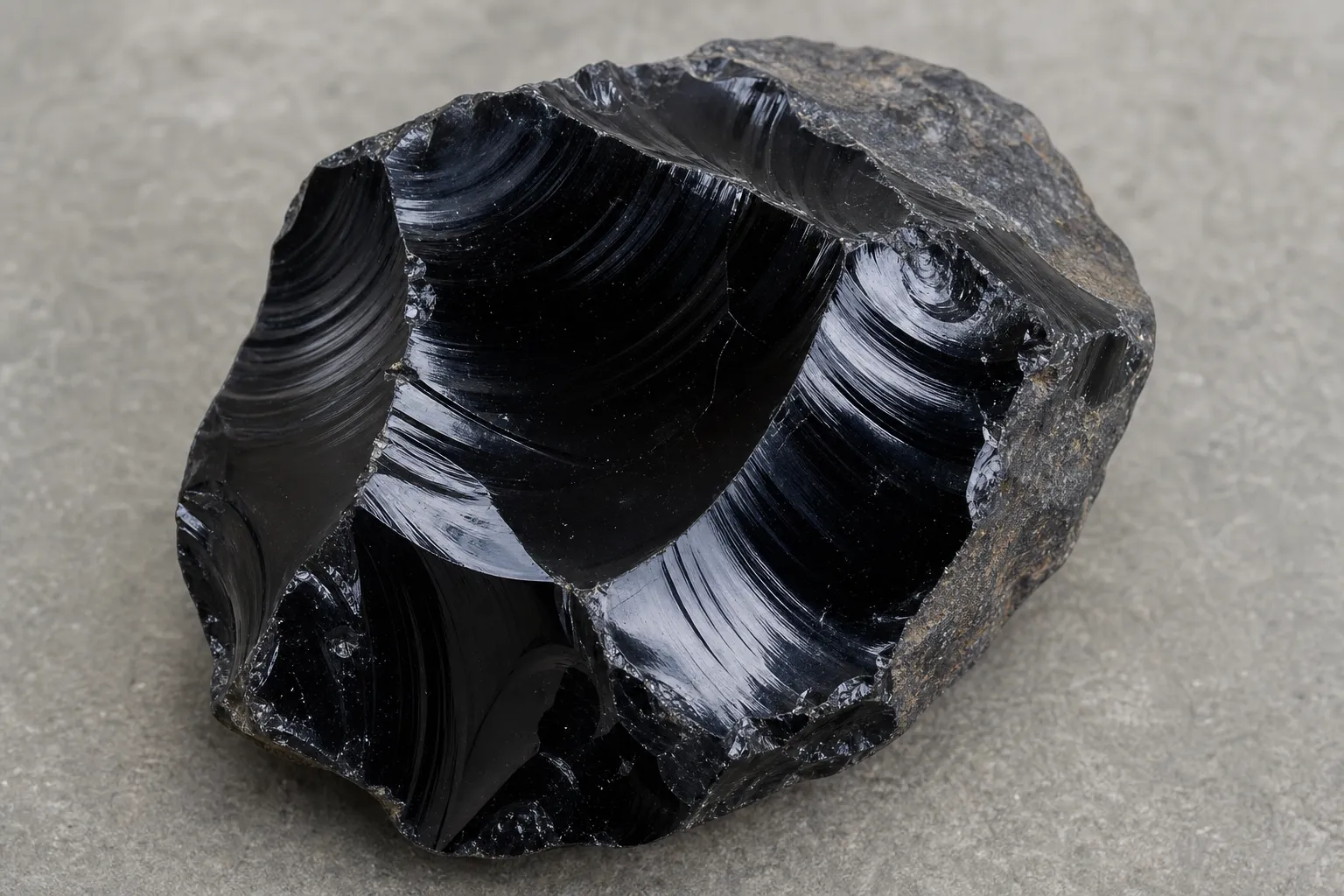 Black obsidian showing glassy luster and sharp conchoidal fracture as natural volcanic glass