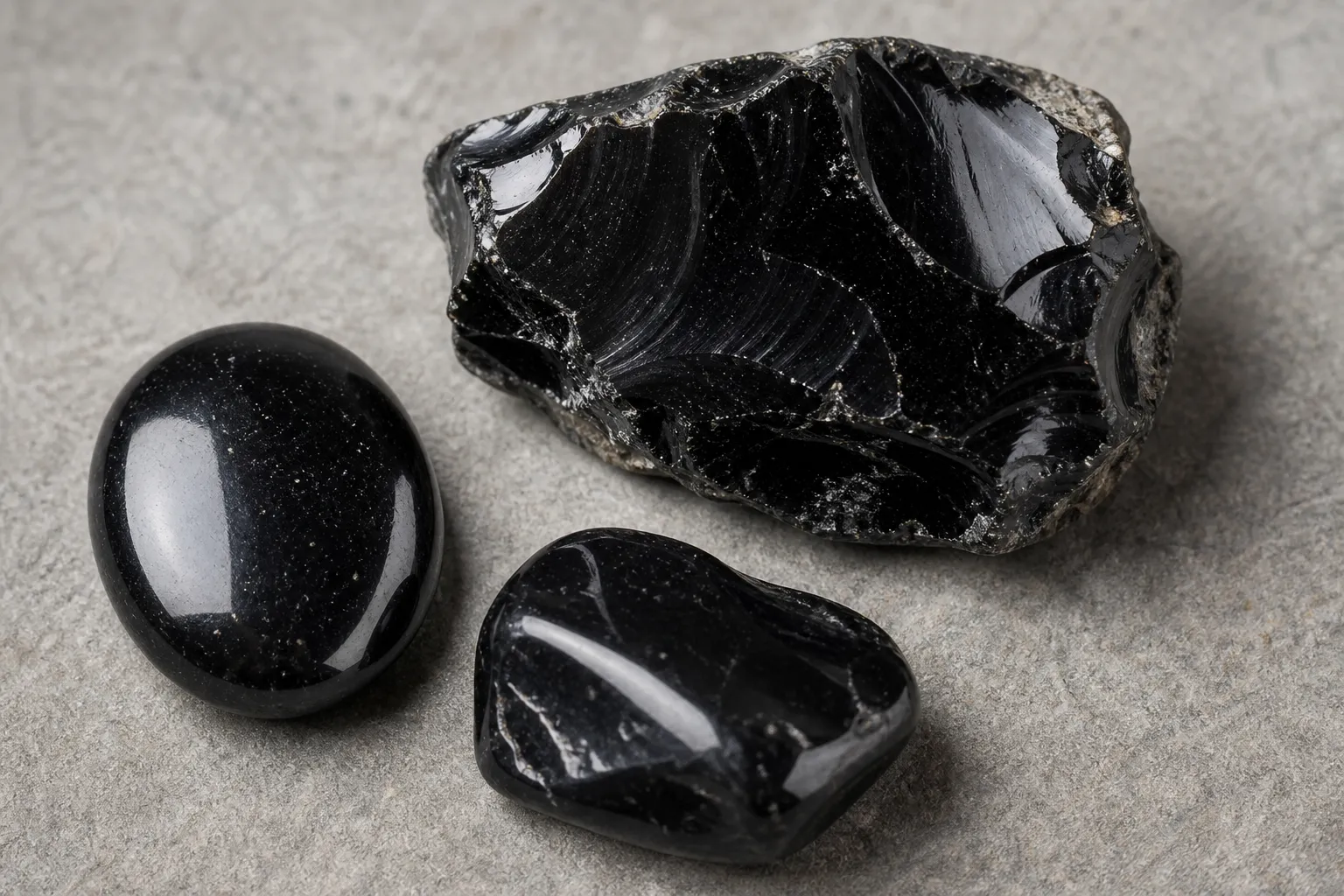 Raw and polished obsidian pieces showing glassy luster, chipped edges, and no natural crystal faces