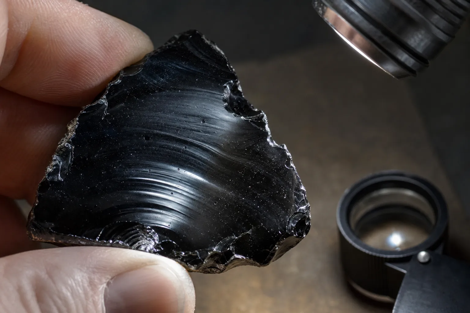 Close inspection of obsidian showing curved fracture, flow banding, and angle-dependent sheen
