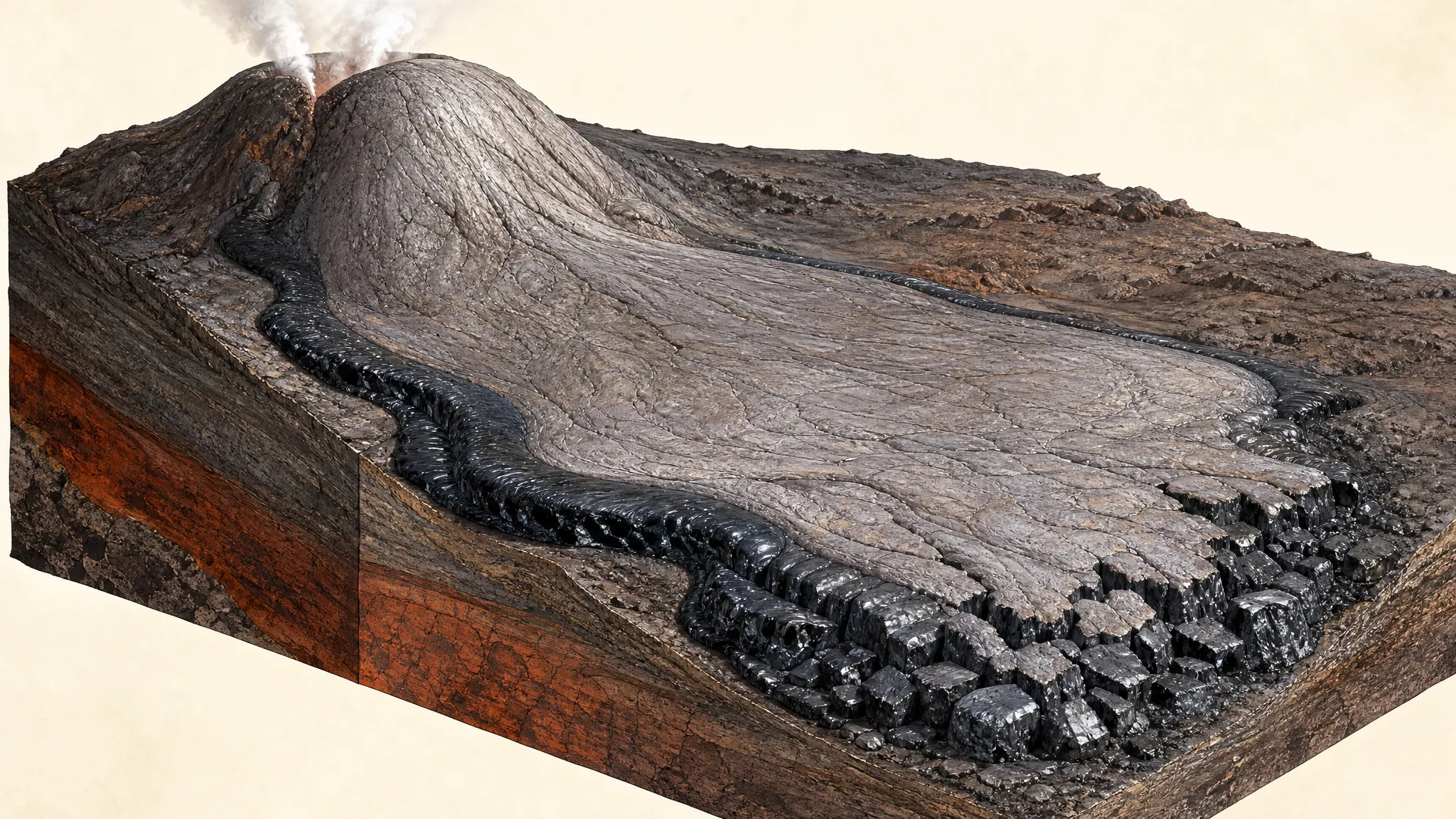 Obsidian formation zones along a lava flow edge, flow front, chilled margin, and volcanic dome