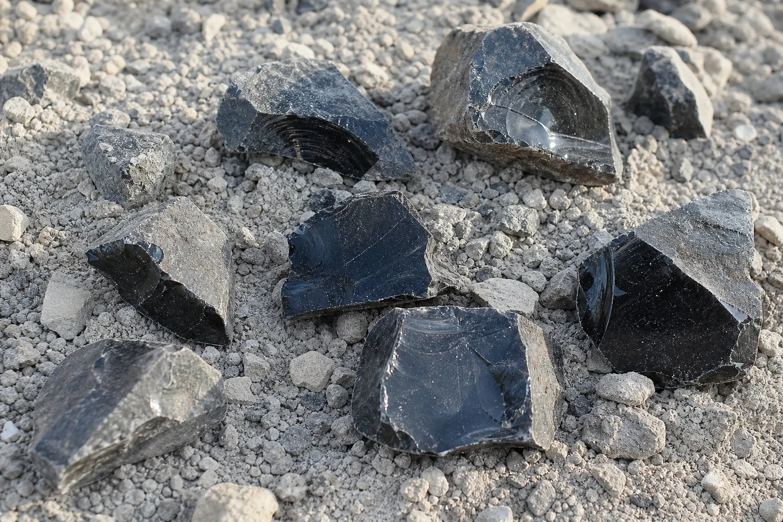 Weathered obsidian fragments with dull outer surfaces and fresh glassy broken edges