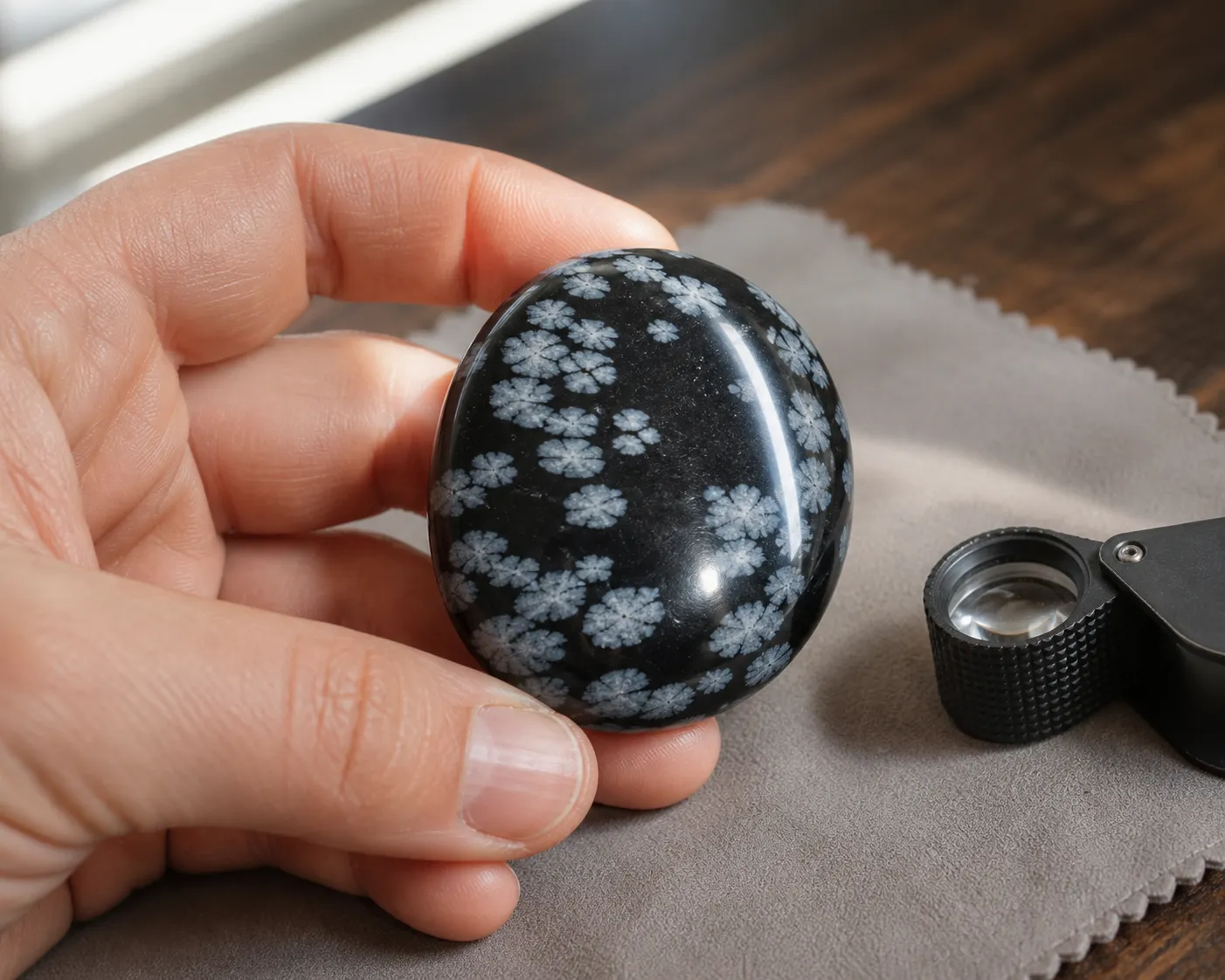 Snowflake obsidian piece rotated under light to compare internal spots with glare and surface marks