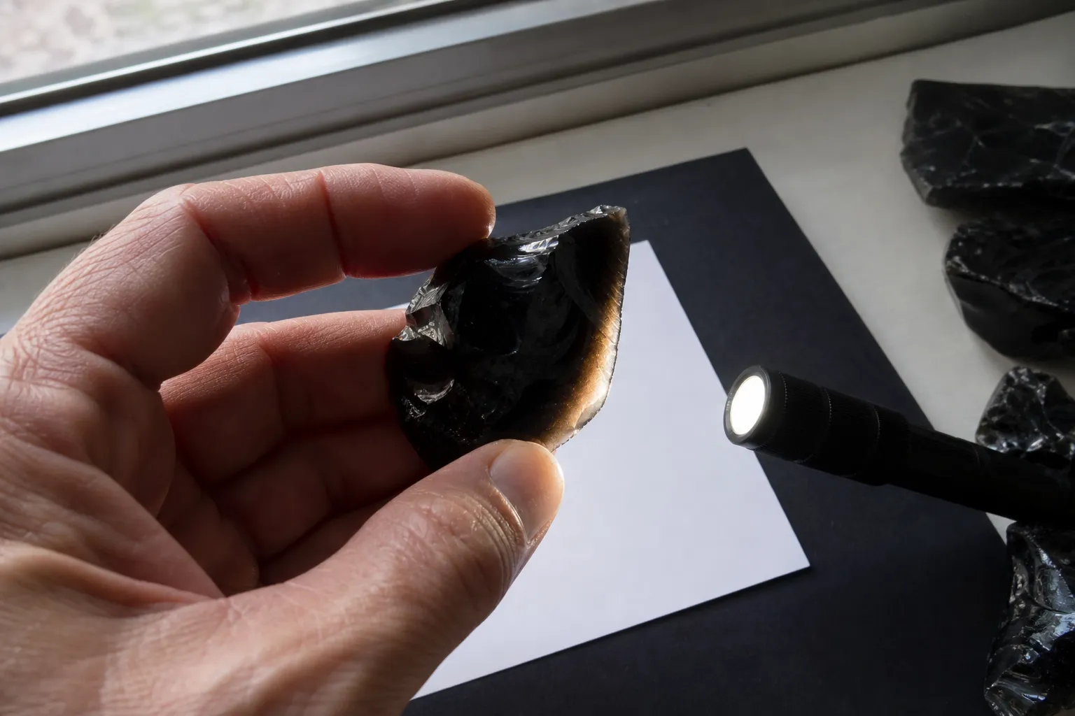 Careful visual inspection of a black obsidian edge with a small light and neutral backgrounds