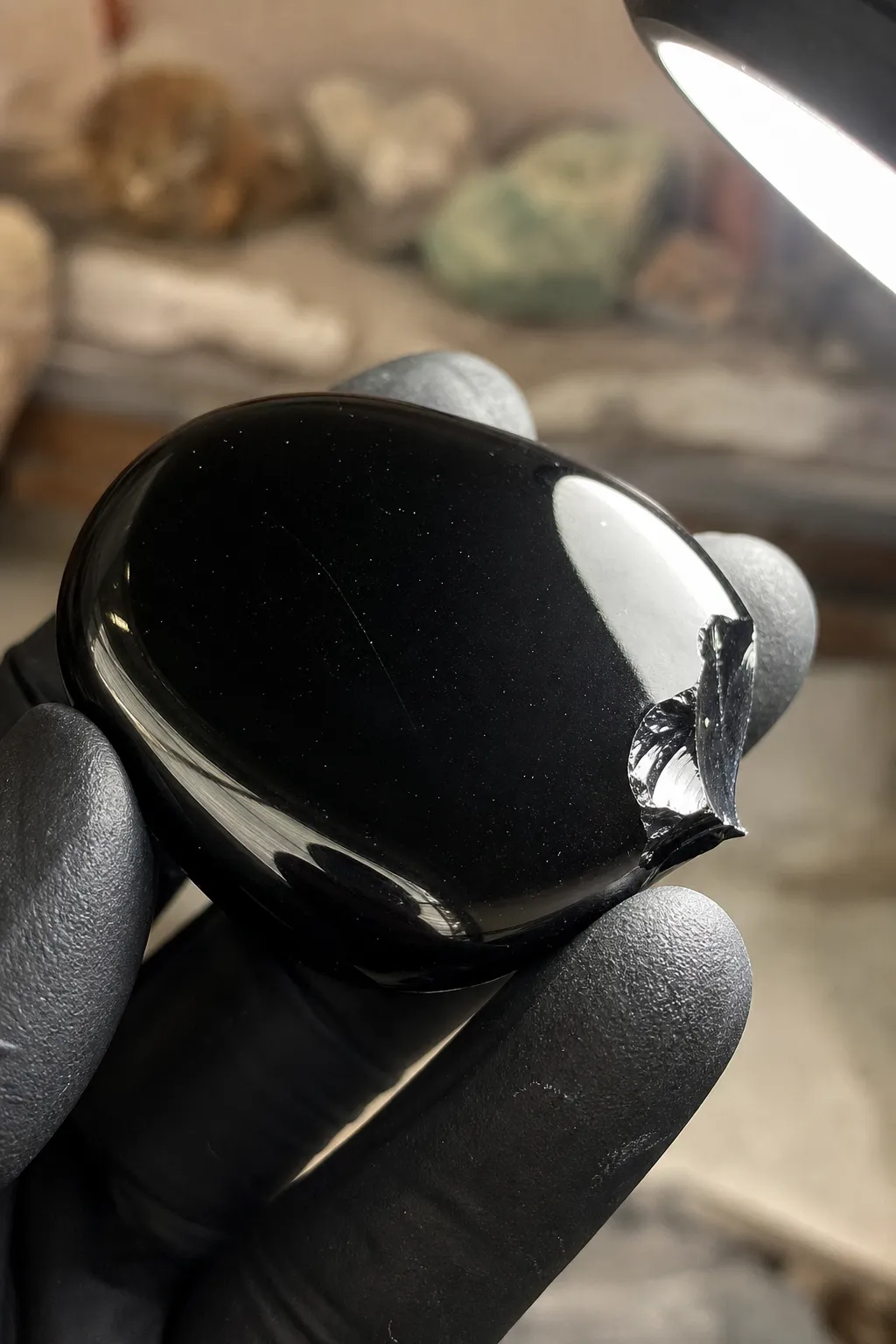 Chipped polished obsidian being inspected for a glossy sharp break under strong light