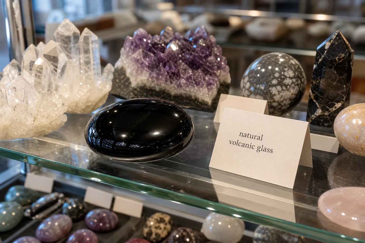 Polished obsidian displayed with collectible stones while a geology note identifies it as natural volcanic glass