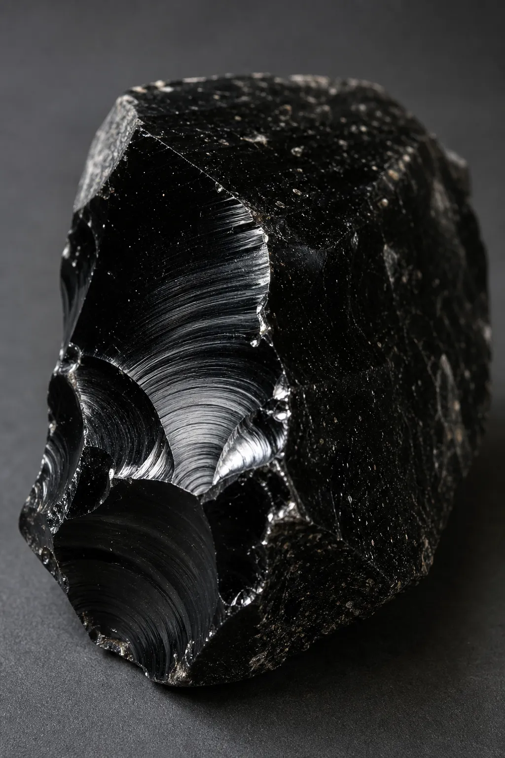 Close view of obsidian showing glossy polish and a curved glasslike fracture edge